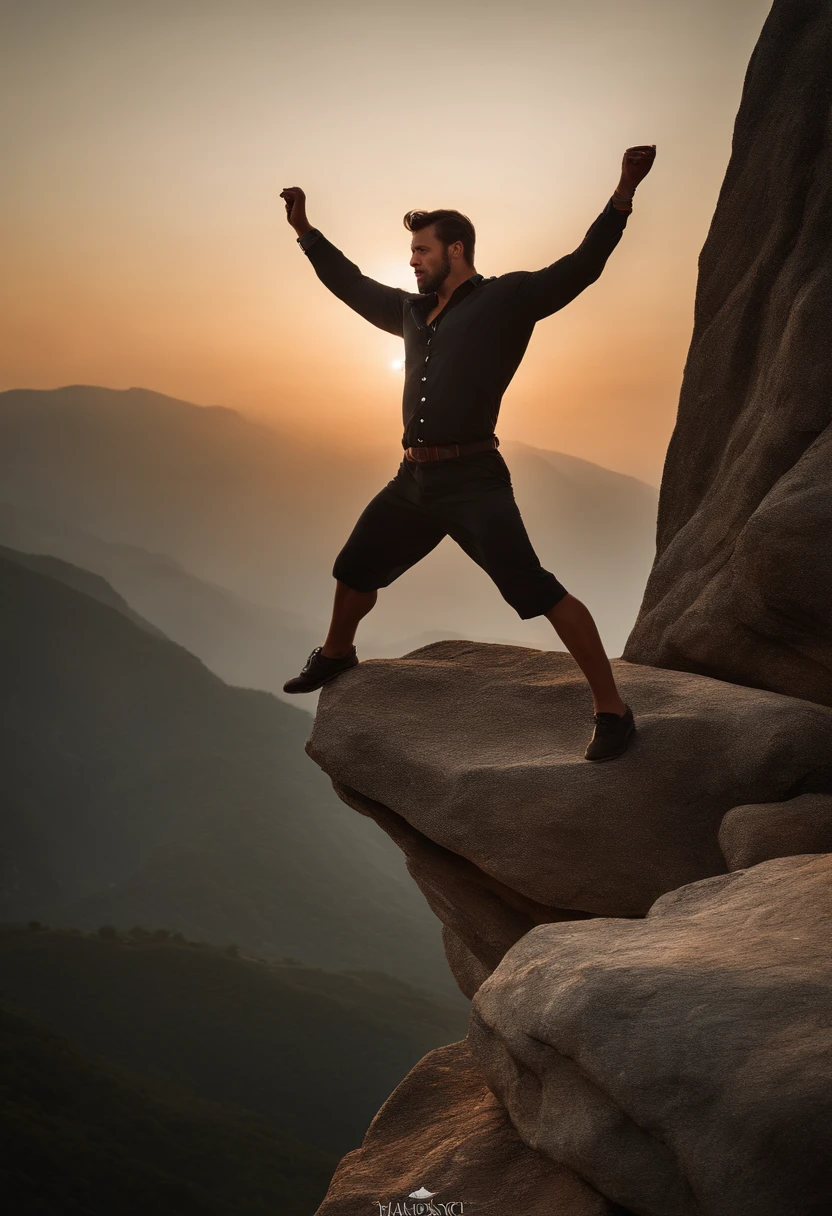 there is a man standing on a rock with his legs up, doing a sassy pose, doing a majestic pose, epic pose, positing on rock super hero pose, cool pose, insane action pose, standing in front of a mountain, standing on rock, standing on a rock, doing a hot majestic pose, in an action pose, confident action pose