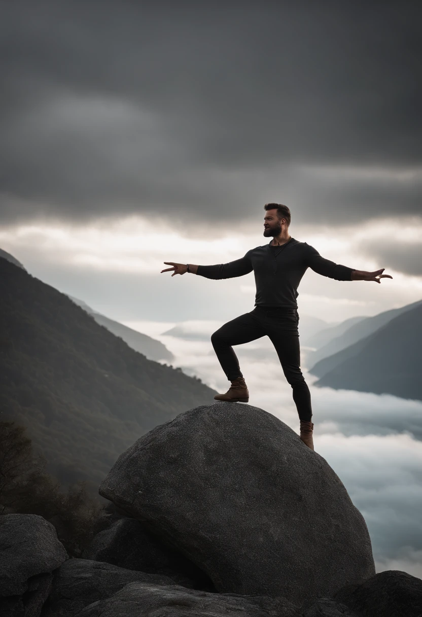 there is a man standing on a rock with his legs up, doing a sassy pose, doing a majestic pose, epic pose, positing on rock super hero pose, cool pose, insane action pose, standing in front of a mountain, standing on rock, standing on a rock, doing a hot majestic pose, in an action pose, confident action pose