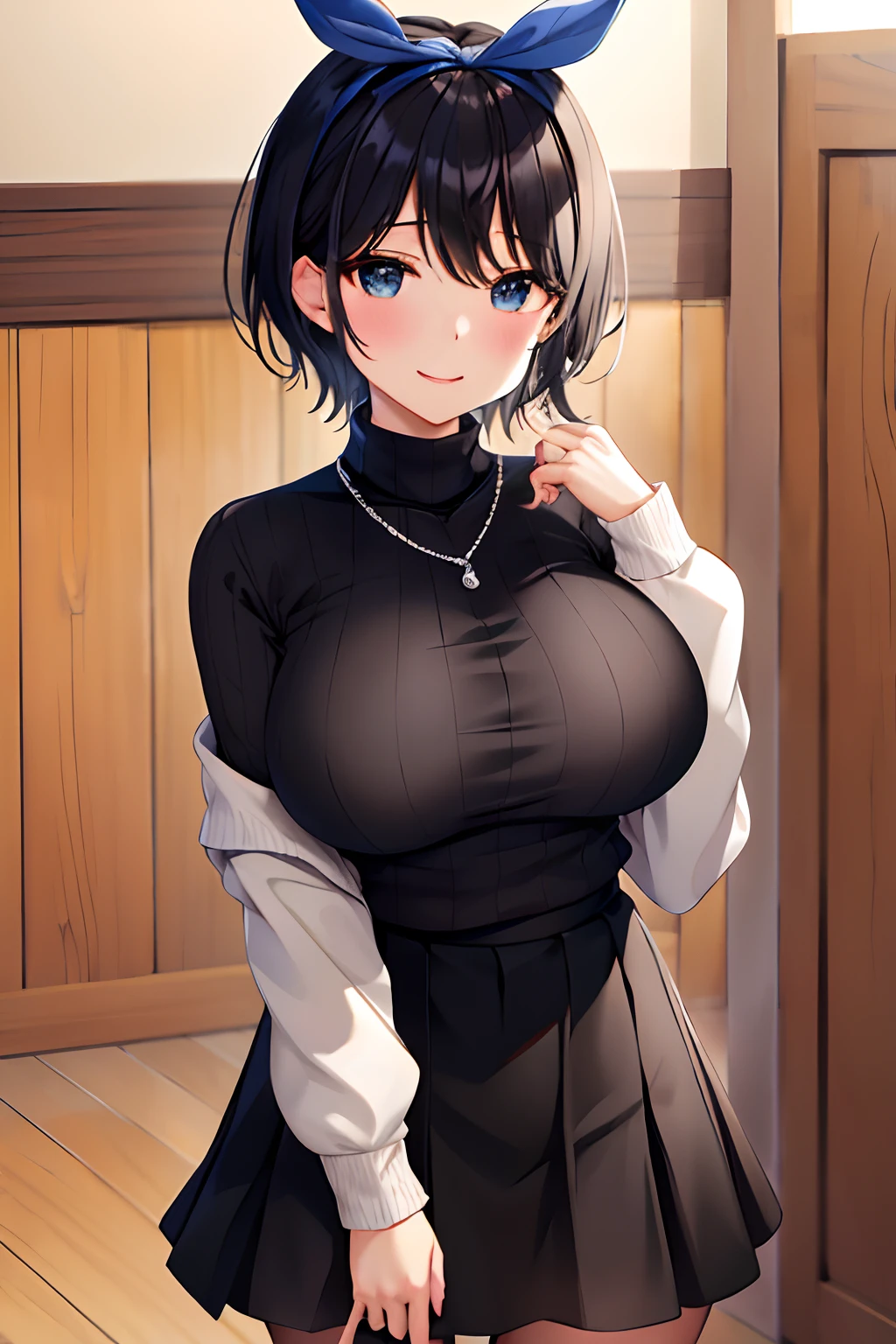 masuter piece、top-quality、Hi-Res、1girll、独奏、jewely、skirt by the、Sweaters、a necklace、Black skirt、A dark-haired、short-hair、Rib Sweater、sox、turtle necked sweater、turtle neck、White Sox、blue eyess、long-sleeve、pleatedskirt、bow ribbon、bow ribbon、shairband、Hair Ribbon、bangss、large full breasts、Will it be exposed?、cowboy  shot、ssmile、