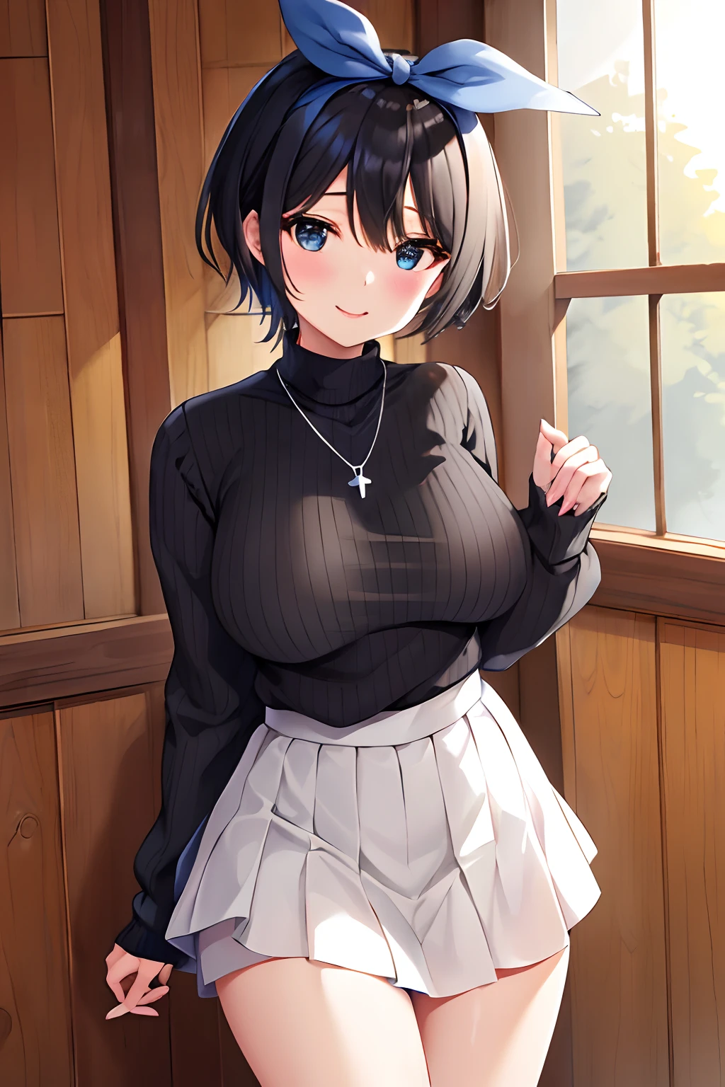 masuter piece、top-quality、Hi-Res、1girll、独奏、jewely、skirt by the、Sweaters、a necklace、Black skirt、A dark-haired、short-hair、Rib Sweater、sox、turtle necked sweater、turtle neck、White Sox、blue eyess、long-sleeve、pleatedskirt、bow ribbon、bow ribbon、shairband、Hair Ribbon、bangss、large full breasts、Will it be exposed?、cowboy  shot、ssmile、