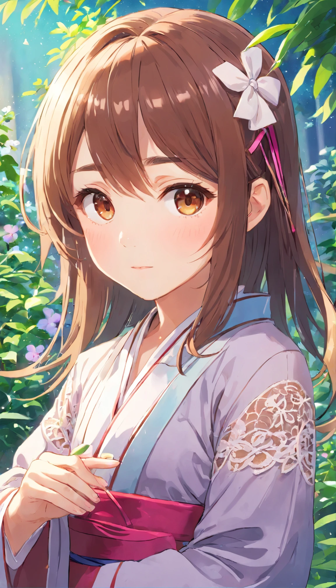 (:1.5),lace,ribbon,hanfu,(masterpiece, sidelighting, finely detailed beautiful brown eyes: 1.2), masterpiece, realistic, glowing eyes,shiny hair,pink hair,long long hair, lustrous skin, solo, embarassed,Strapless,exquisite,beautifly,garden,flowers,flying petals,