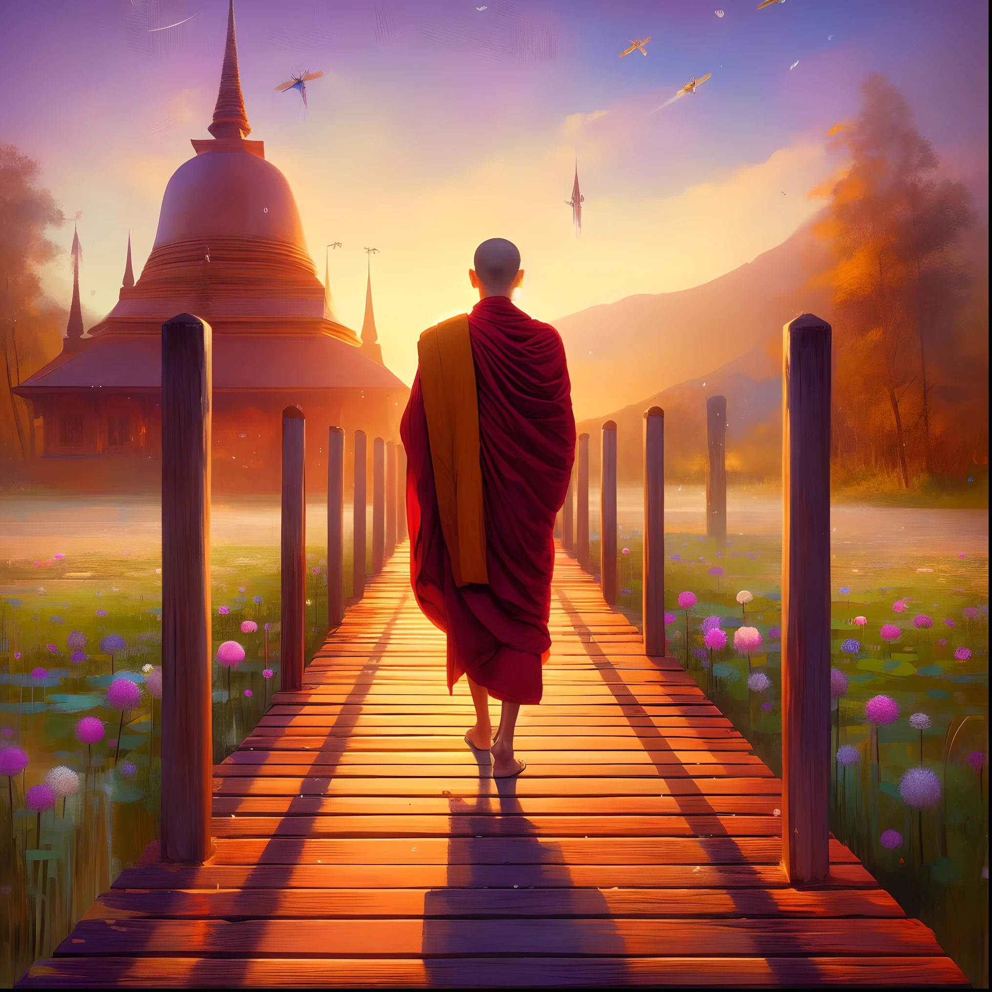 arafed monk walking on a bridge towards a pagoda at sunset, on path to enlightenment, buddhism, on the path to enlightenment, buddhist, monk meditate, by RHADS, 2 1 st century monk, buddhist monk, monk, blossoming path to heaven, standing on a lotus, spiritual enlightenment, artgem and beeple masterpiece, an ancient path, amazing wallpaper