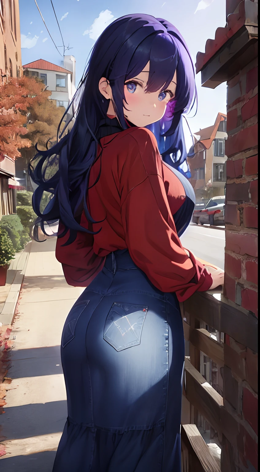 fluffy hair,darkblue hair,Eyes purple,Sticking the ass out to the horse,Clothes with long sleeves that look warm,red tide,Look back in embarrassment,Brick foreign cityscape,Autumn outfit,oversize clothes,Long skirt made of denim material,The length of the hem so that the buttocks are visible