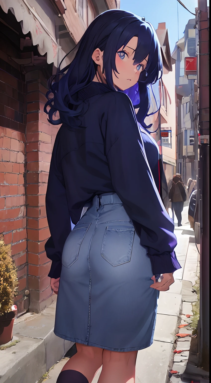 fluffy hair,darkblue hair,Eyes purple,Sticking the ass out to the horse,Clothes with long sleeves that look warm,red tide,Look back in embarrassment,Brick foreign cityscape,Autumn outfit,oversize clothes,Long skirt made of denim material,The length of the hem so that the buttocks are visible