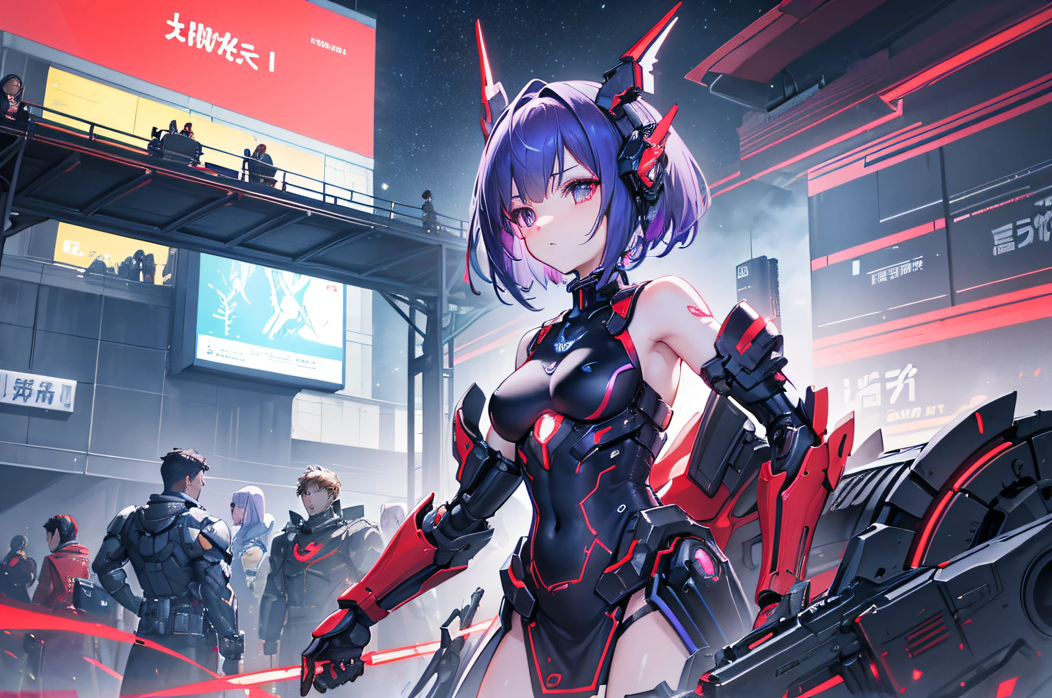 (Android girl with a crimson red body)　Black Headgear　Combat stance　Red, black and purple sci-fi body armor　full bodyesbian　Sci-fi Skirt Armor　Crimson Eyes　Light purple hair　Exposed shoulders　deadpan　Shoulder to shoulder　White chest　exposed thighs　Cyber City　cute  face　{{{​masterpiece}}}, {Highly detailed CG Unity 8k wallpapers},　cute  face, 独奏, Lori face,　short-haired　nighttime scene　high quality digital concept art, epic sci-fi character art, epic sci-fi character art, mechanized valkyrie girl, Air and Mecha theme, Anime Mecha Aesthetics