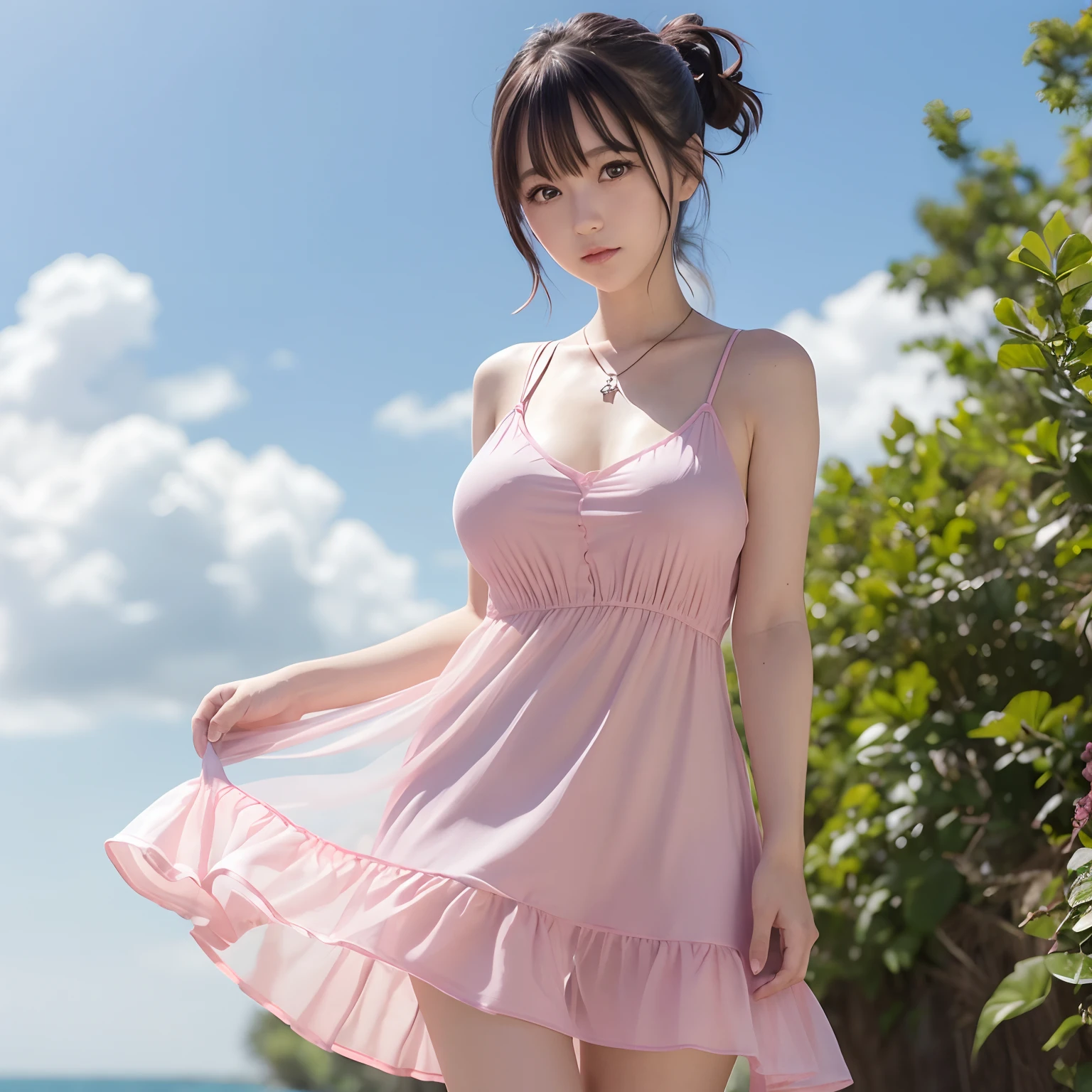 (Side Ponytail,  Slender body), (Lori), kawaii, lovely, Baby face, (Huge breasts:1.1), (Blue eyes), Big eyes, 1girl in, Solo, Japanese Idol, show the grinps, Happy, BREAK (Pink sundress, See-through silhouette, Wind, messy floating hair, Dress Lift:1.2), knee, Sandals, earrings, Necklace, Full body, Outdoors, Blue sky, Beautiful detailed eyes, beautifull detailed face, (Best Quality, masutepiece), Realistic, Ultra-detailed