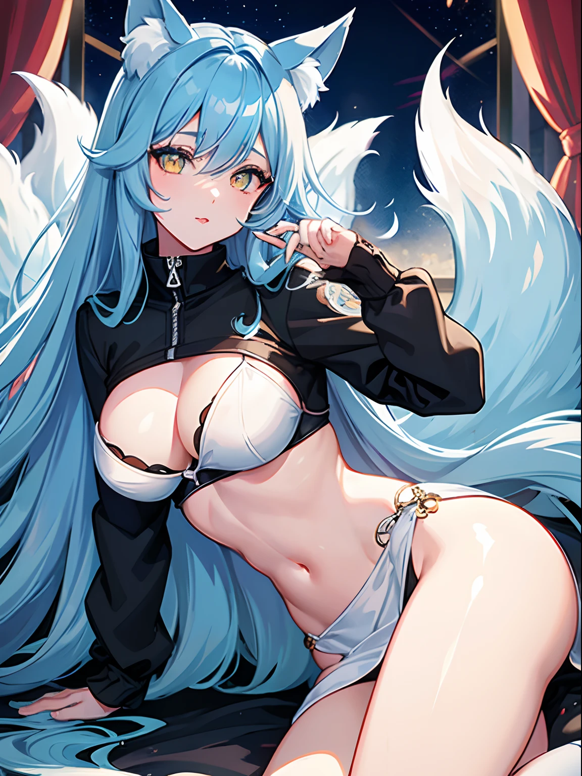 Long Hair, Light Blue Hair, Yellow Eyes, Heart pupils, Fox Ears, 9 Tails, Big Boobs, Wearing Hoodie, Long Stocking, Nighttime, Wearing Black Gloves, Inside a house, licking own lips,  showing