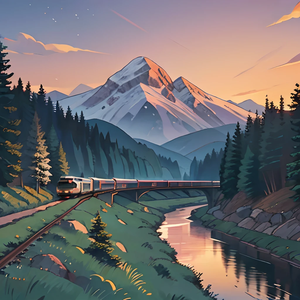 High-speed train, mountain background, twilight, pine forest, river,