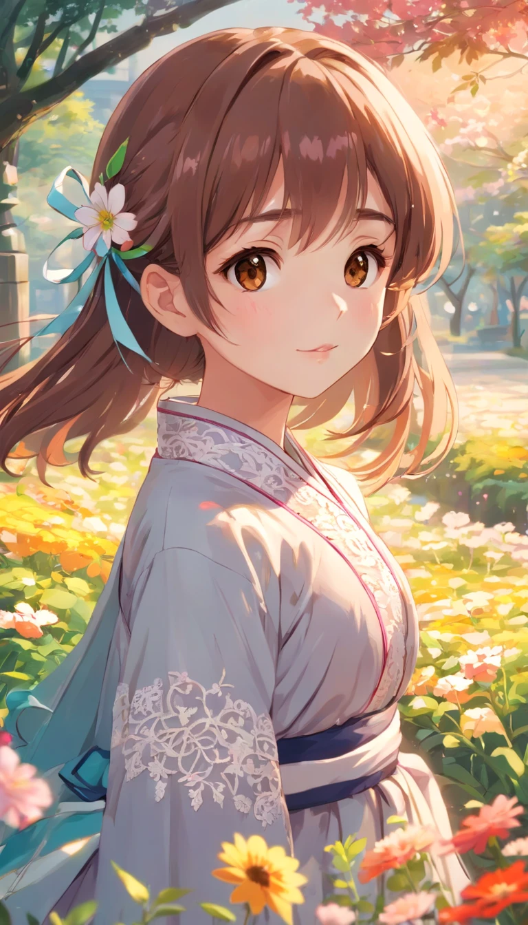 ( girl:1.5),lace,ribbon,hanbok dress,(masterpiece, sidelighting, finely detailed beautiful brown eyes: 1.2), masterpiece, realistic, glowing eyes,shiny hair,pink hair,long long hair, lustrous skin, solo, embarassed,Strapless,exquisite,beautifly,garden,flowers,flying petals,