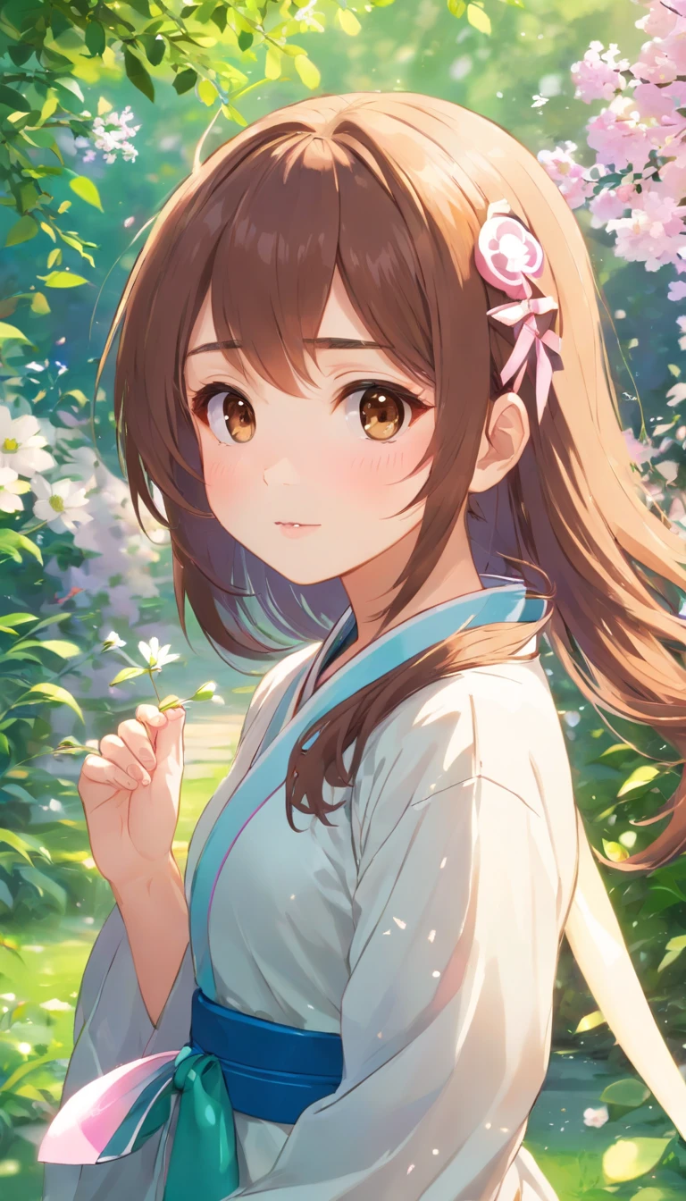 (little girl:1.5),lace,ribbon,hanbok dress,(masterpiece, sidelighting, finely detailed beautiful brown eyes: 1.2), masterpiece, realistic, glowing eyes,shiny hair,pink hair,long long hair, lustrous skin, solo, embarassed,Strapless,exquisite,beautifly,garden,flowers,flying petals,