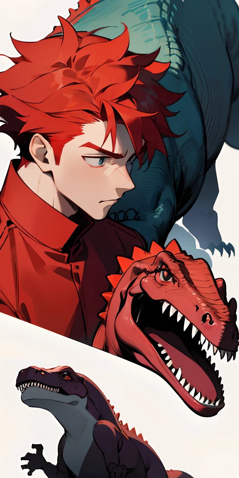 1 dinosaur and 1 red-haired boy