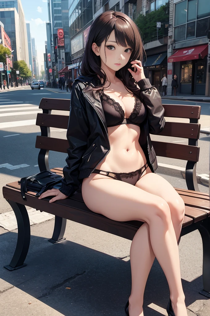 Woman in full-body luxury lingerie only、It is supposed to be okay to wear one jacket、Sit on a bench in the downtown area and show off your panties to passers-by