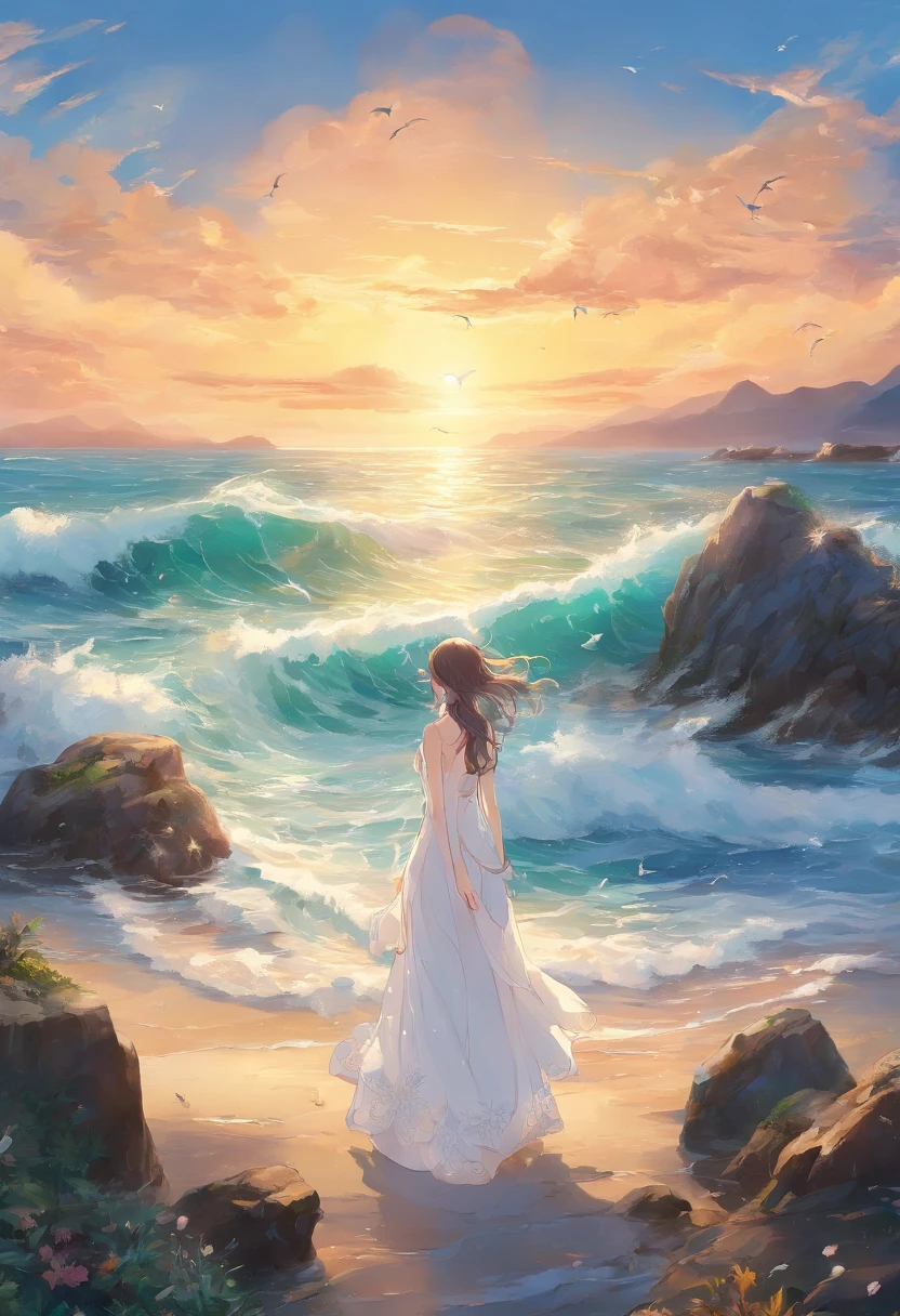 A girl standing on the beach, Beautiful detailed eyes and face, Flowing hair, wearing a flowing white dress, Surrounded by raging waves, um dia ensolarado, crystal clear blue water, Glittering sunlight, Sandy Beach, Shells scattered on the shore, Majestic rocky cliffs in the distance, Seagulls fly in the sky, light wind, a peaceful and serene atmosphere, Oil painting style, Vibrant colors, realistic and detailed textures, High quality artwork, (Best quality, 4K, A high resolution, Masterpiece:1.2), Ultra-detailed, (Photorealistic, Vivid colors, Studio lighting), coastal landscape, A soothing color palette, Warm golden light