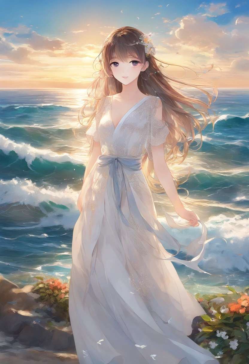 A girl standing on the beach, Beautiful detailed eyes and face, Flowing hair, wearing a flowing white dress, Surrounded by raging waves, um dia ensolarado, crystal clear blue water, Glittering sunlight, Sandy Beach, Shells scattered on the shore, Majestic rocky cliffs in the distance, Seagulls fly in the sky, light wind, a peaceful and serene atmosphere, Oil painting style, Vibrant colors, realistic and detailed textures, High quality artwork, (Best quality, 4K, A high resolution, Masterpiece:1.2), Ultra-detailed, (Photorealistic, Vivid colors, Studio lighting), coastal landscape, A soothing color palette, Warm golden light