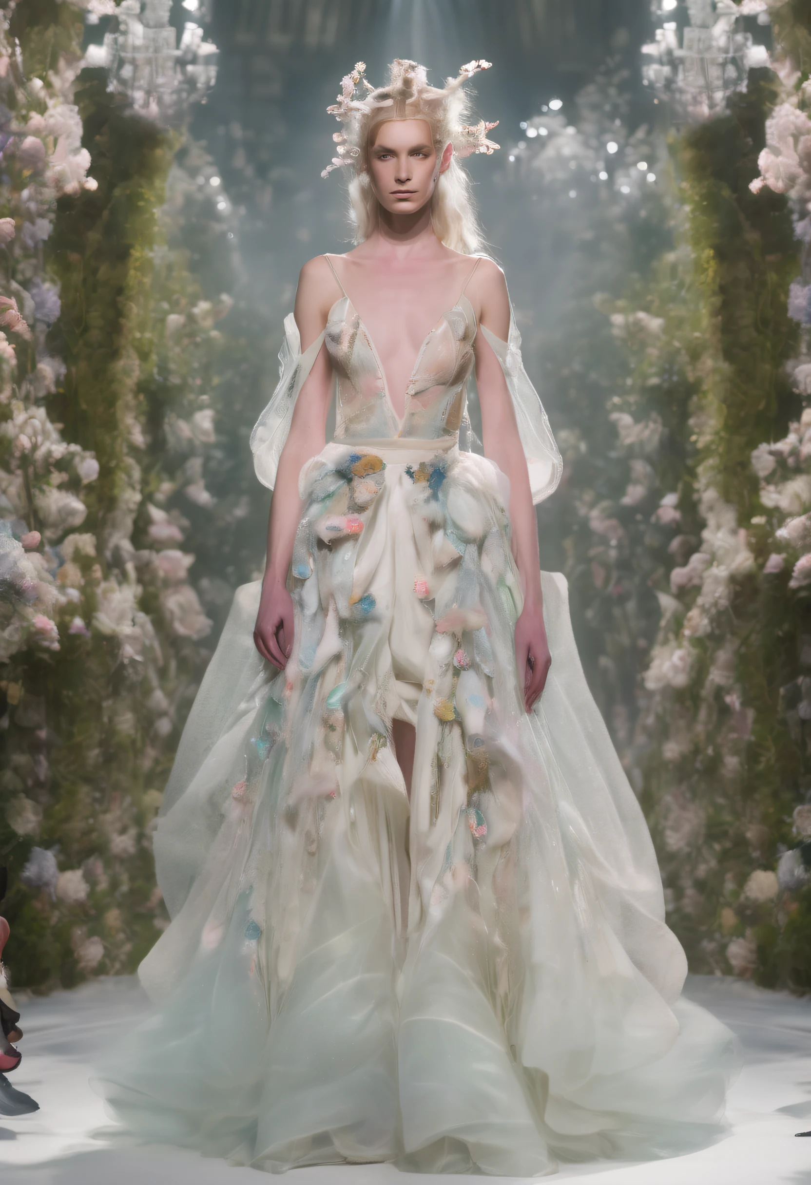 featuring a beautiful female model, wearing a stunning custom-designed outfit inspired by Modern Magic, with ethereal elements and whimsical details. The composition exudes an air of mystique and wonder, with the model's ethereal beauty and flowing locks mirroring the enchanting nature of the ensemble. The use of iridescent fabrics, sparkling embellishments, and delicate illusions creates a sense of magic and fantasy, transporting the audience to a realm where dreams come true. Directed by renowned fashion photographer Tim Walker, this fashion show pushes the boundaries of imagination and invites viewers to believe in the extraordinary