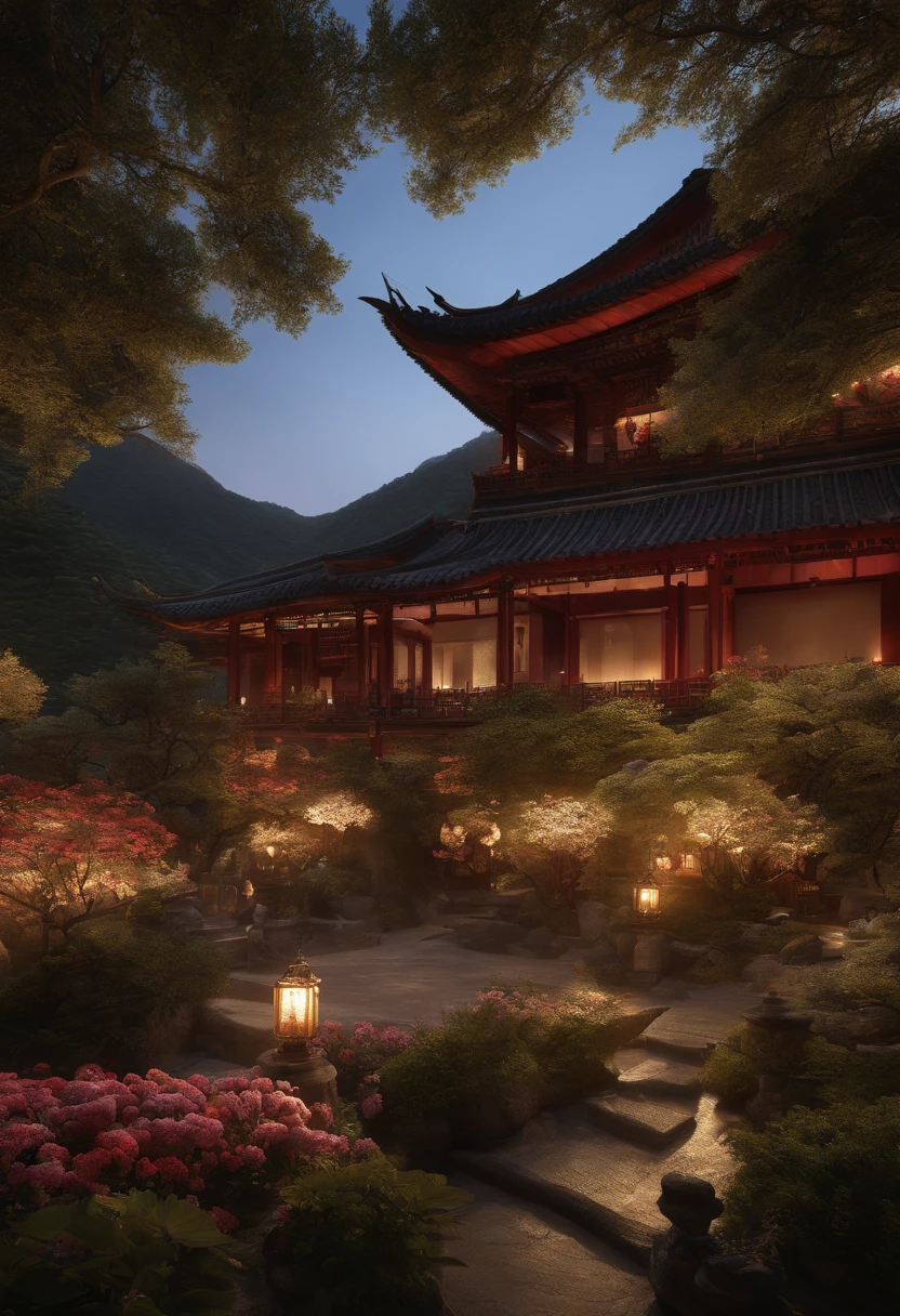 top-quality、realisitic、Photorealsitic、ultra-detailliert、「Mountain of Flowers+Fairies and yokai eating fruit in a place of Chinese architecture」、ultra wide-angle、AccentLighting、Volumetric lighting、back lighting、(Detailed light)、((extremely delicate and beautiful))、dramatic_shadow、ray_tracing、HDR