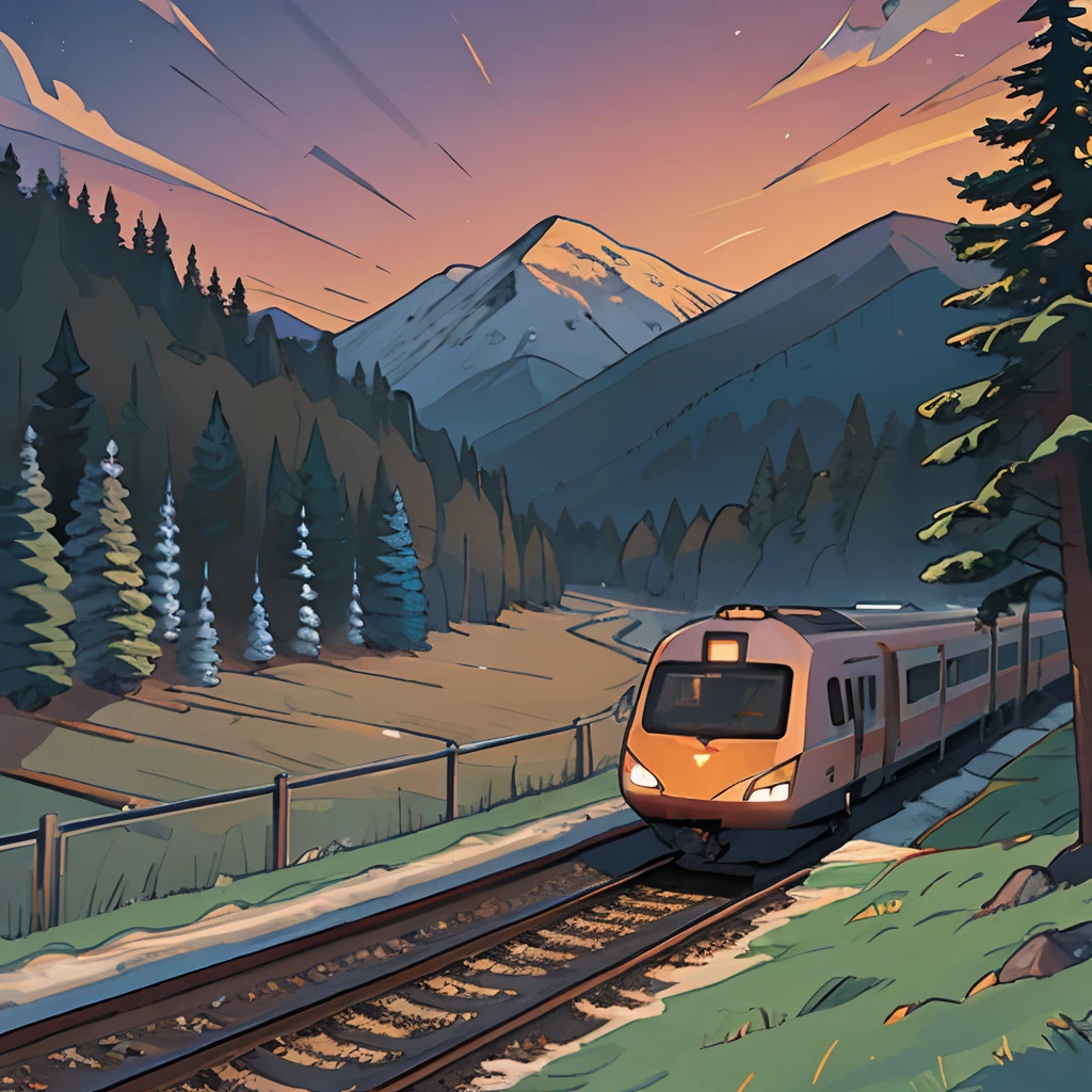 High-speed train, mountain background, twilight, pine forest, river,