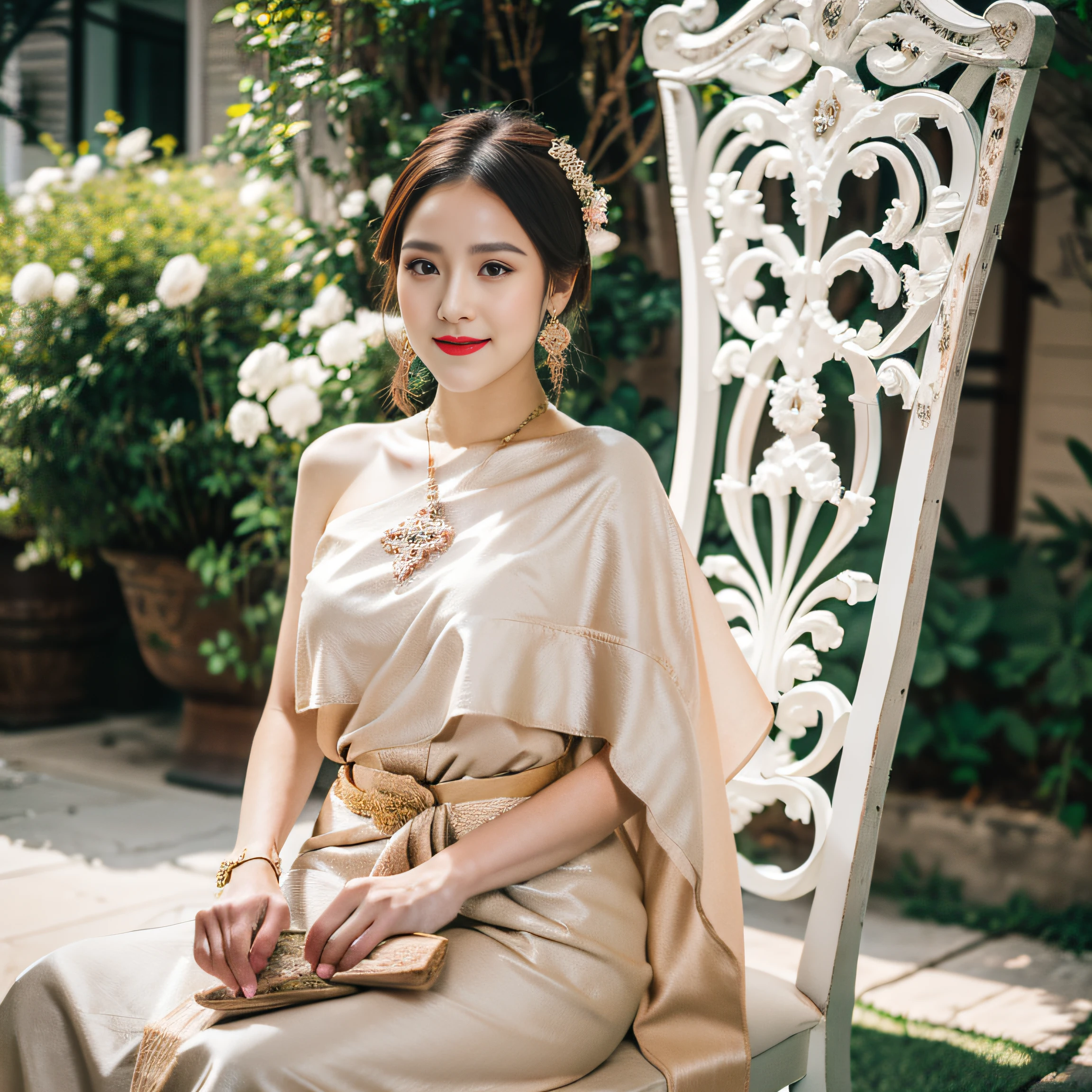 A woman wearing a Chinese dress、sitting in a luxurious room with antique furniture。The background features silk wall hangings and gold leaf decorations.、Enhances the noble aura of women。