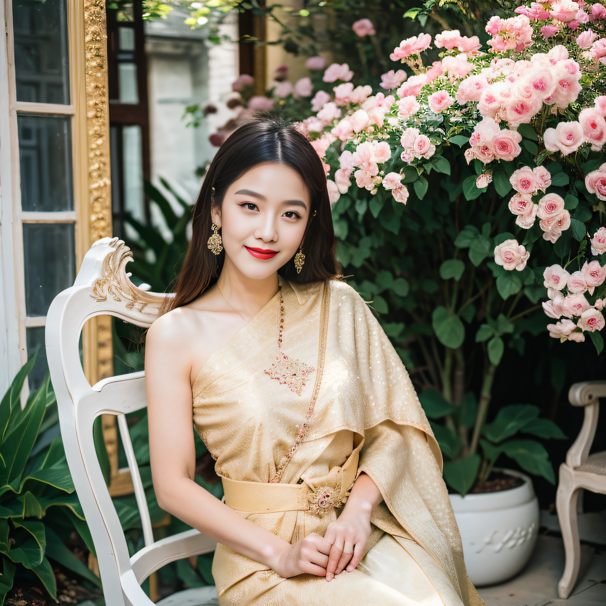 Detailed faces, Clear face, Beautiful Girl, Asian makeup, Red lips, Little smile, Brown hair, Crown, full body, big breasts, Thai fairy costume, Antique, mid-sexy dress, White costume, HD, Sitdown on the chair, Evening light, flower garden background.