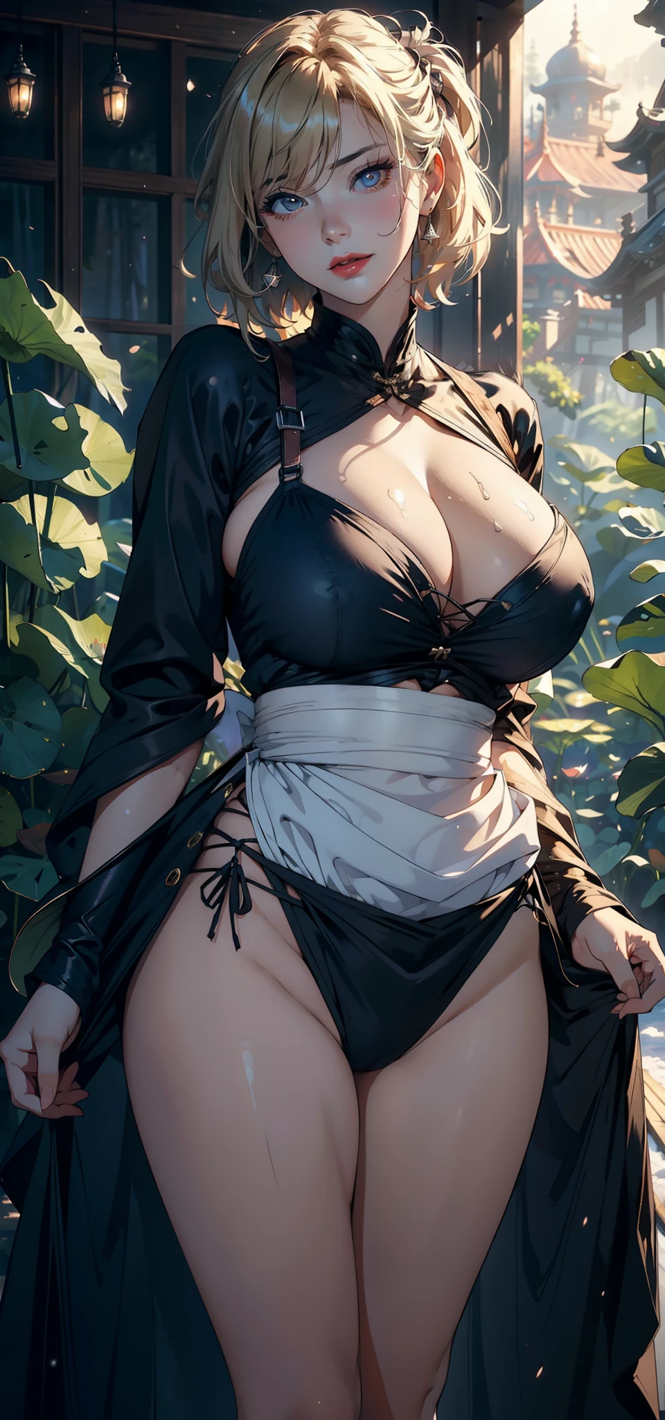 1female,45 yers old,Married Woman,熟妇,mature,plumw,extremely large bosom,Big breasts Thin waist,long leges, 独奏,(Background with:ln the forest,lotus flower,ponds) She has short blonde hair,bobo head,,seen from the front, Stand in the forest, mostly cloudy sky,(((tmasterpiece),(Very detailed CG unity 8K wallpaper),best qualtiy,cinmatic lighting,detailed back ground,beatiful detailed eyes,Bright pupils,Black eyes,Snow-whiteskin,Redlip(Very fine and beautiful),(Beautiful and detailed eye description),ultra - detailed,tmasterpiece,))facing at camera,A high resolution,ultra - detailed),revealing breasts,Bare genitalia, Bulge,legs are open,Raised sexy,Camel toes,Flushed complexion,Desire for dissatisfaction,frontage,binh(Wearing:oversized boobs,drooping chest,nakeness,Transparent apron,Batman uniform)