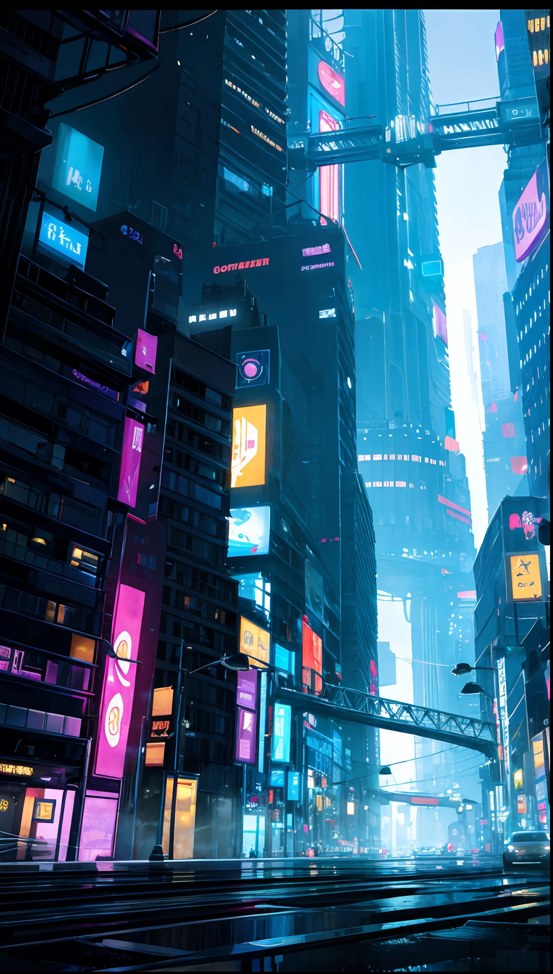 City of Gotham from a corner, no people on the streets, buildings, hoardings, big screens showing joker, city fully covered in Fogg, night, dark sky with no clouds, a little shade of yellow, dim Street lights, electric poles, cyberpunk and neon theme, chromatic abberation, soft lighting, extreme detail, small details, ultra HD, hyper realistic