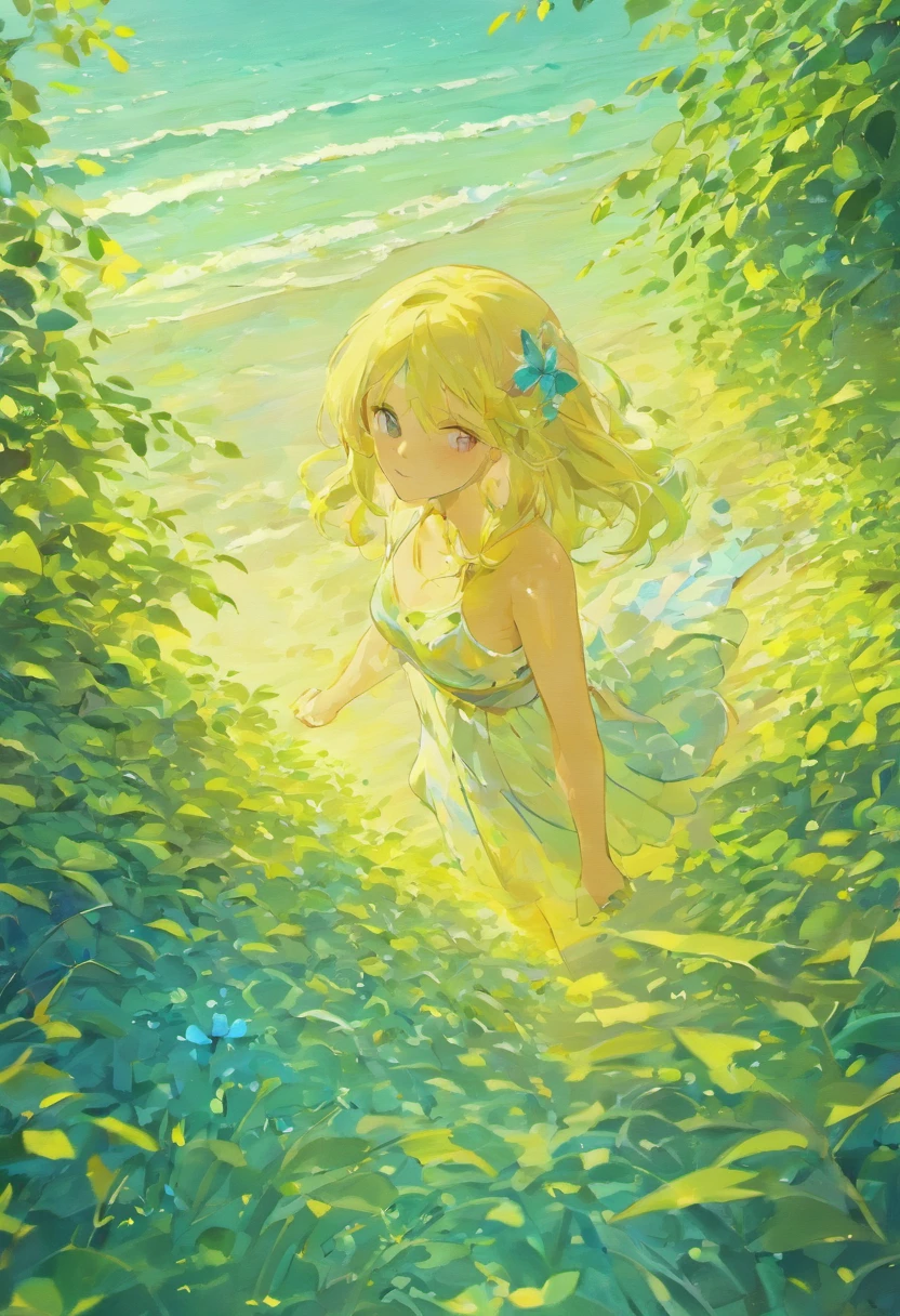 A girl in a garden,ocean waves,sparkling blue sea,sunlight filtering through lush green trees,beautiful flowers in bloom,bright colorful butterflies,fresh sea breeze,sandy beach,gentle waves crashing on the shore,serene and peaceful atmosphere,clear blue sky (best quality,4k,8k,highres,masterpiece:1.2),ultra-detailed,realistic:1.37,HDR,UHD,studio lighting,physically-based rendering,extreme detail description,professional,vivid colors,portraits,landscape,soothing color palette,soft natural lighting.