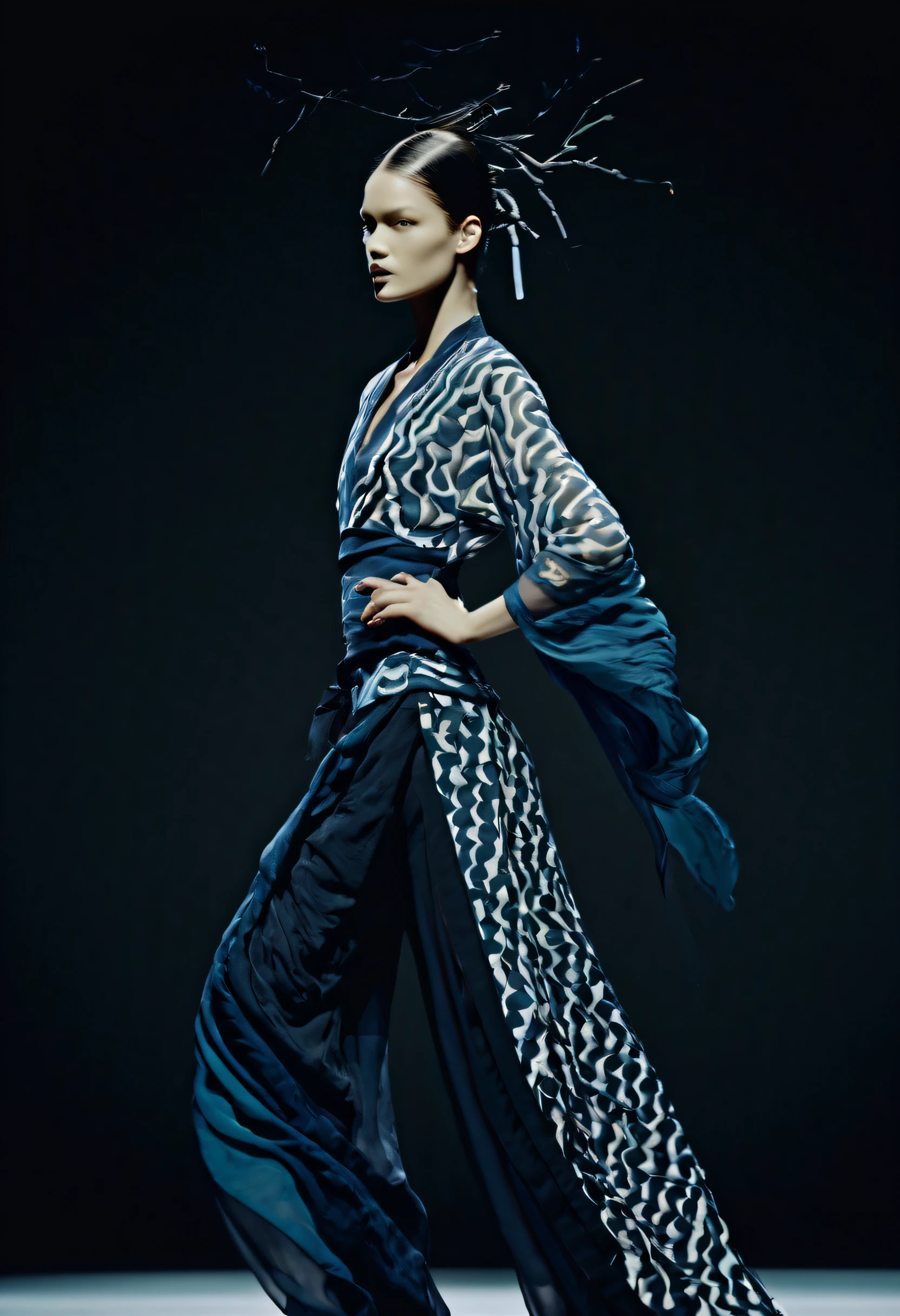 fashion show:2，Immerse yourself in the world of tranquility and balance with this captivating prompt for a fashion show featuring a beautiful female model, wearing a mesmerizing custom-designed outfit inspired by the Yin and Yang of Tai Chi, showcasing harmony and balance. The composition captures the model's serenity and grace, with her flowing movements and peaceful expression reflecting the essence of Tai Chi. The use of contrasting colors, fluid silhouettes, and intricate details symbolizes the harmonious interplay of opposites, creating a visual representation of equilibrium and peace. Directed by renowned fashion photographer Paolo Roversi.