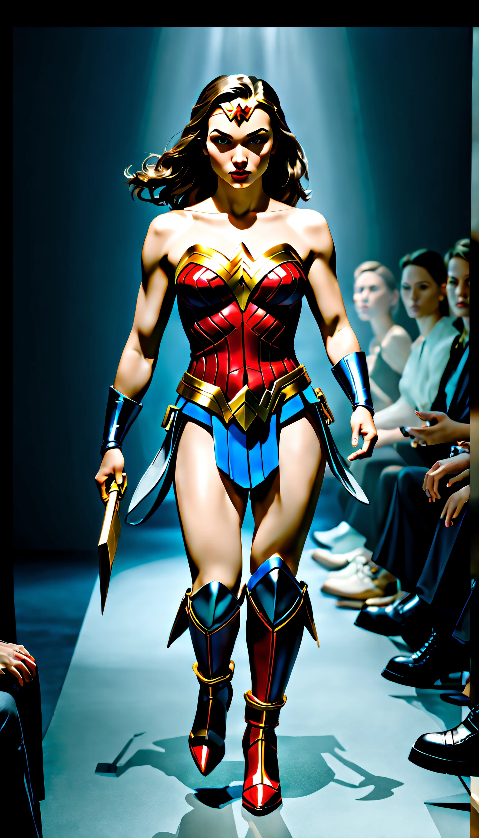 Hyperrealistic and hyperdetailed fashion runway show featuring Wonder Woman, ray-traced caustics, subsurface scattering, soft lighting, masterpiece, masterwork, top quality, highest fidelity, highest resolution, highres, hyper-detailed, detail enhancement, awe inspiring, breathtaking, super-resolution, megapixel, UHD, HDR, FHD, 8k, 16k, 32k, 64k, high dynamic range, insanely detailed, beautifully color graded, post processing, post production, dynamic tone mapping, volumetric.