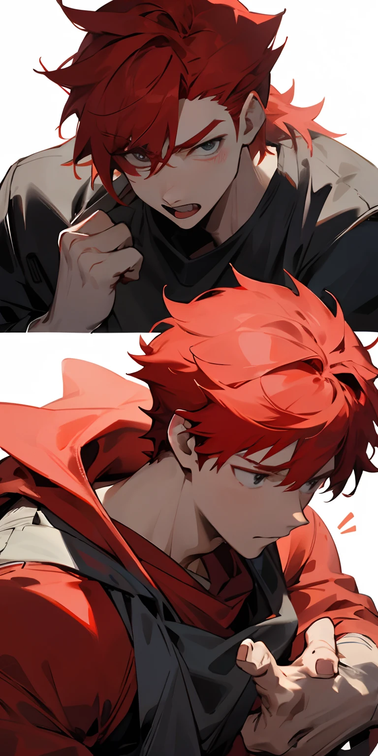jovem lutador, cabelos ruivos, yuuji itadori, jujutsu kaisen, serious face, clothes completely destroyed, sangue escorrendo, sangrando pela boca, hematomas na face, rosto perfeito, impeccable art, detalhes no rosto, fundo desfocado, personagem bastante machucado.