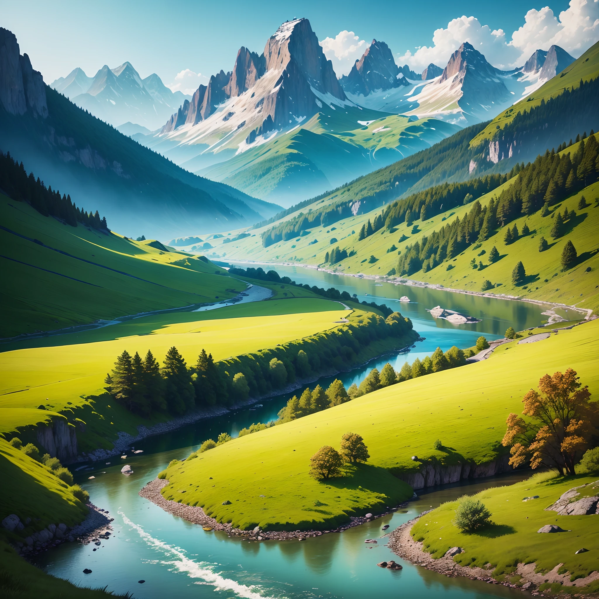 "Generate a stunning and serene natural landscape with vibrant colors, where a crystal-clear river winds its way through a lush, rolling meadow surrounded by majestic mountains. The scene should evoke a sense of tranquility and awe, with the perfect balance of sunlight and shadow. Use your creativity to bring this breathtaking scenery to life through