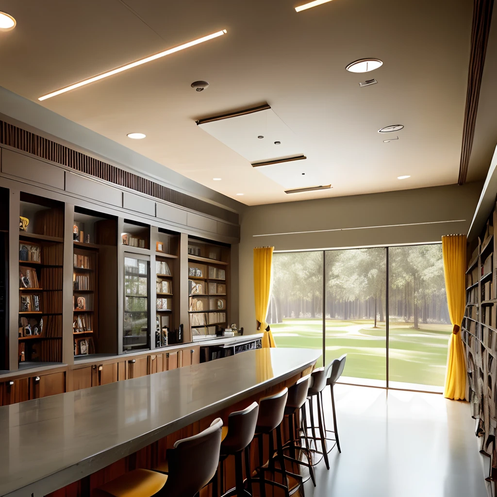 Clubhouse Coffee Meeting Forest Fashion Metal Concrete Intimate Dim Yellow Interior HD Details Glass Surrounded by Bookshelves with lots of books Ceiling fan