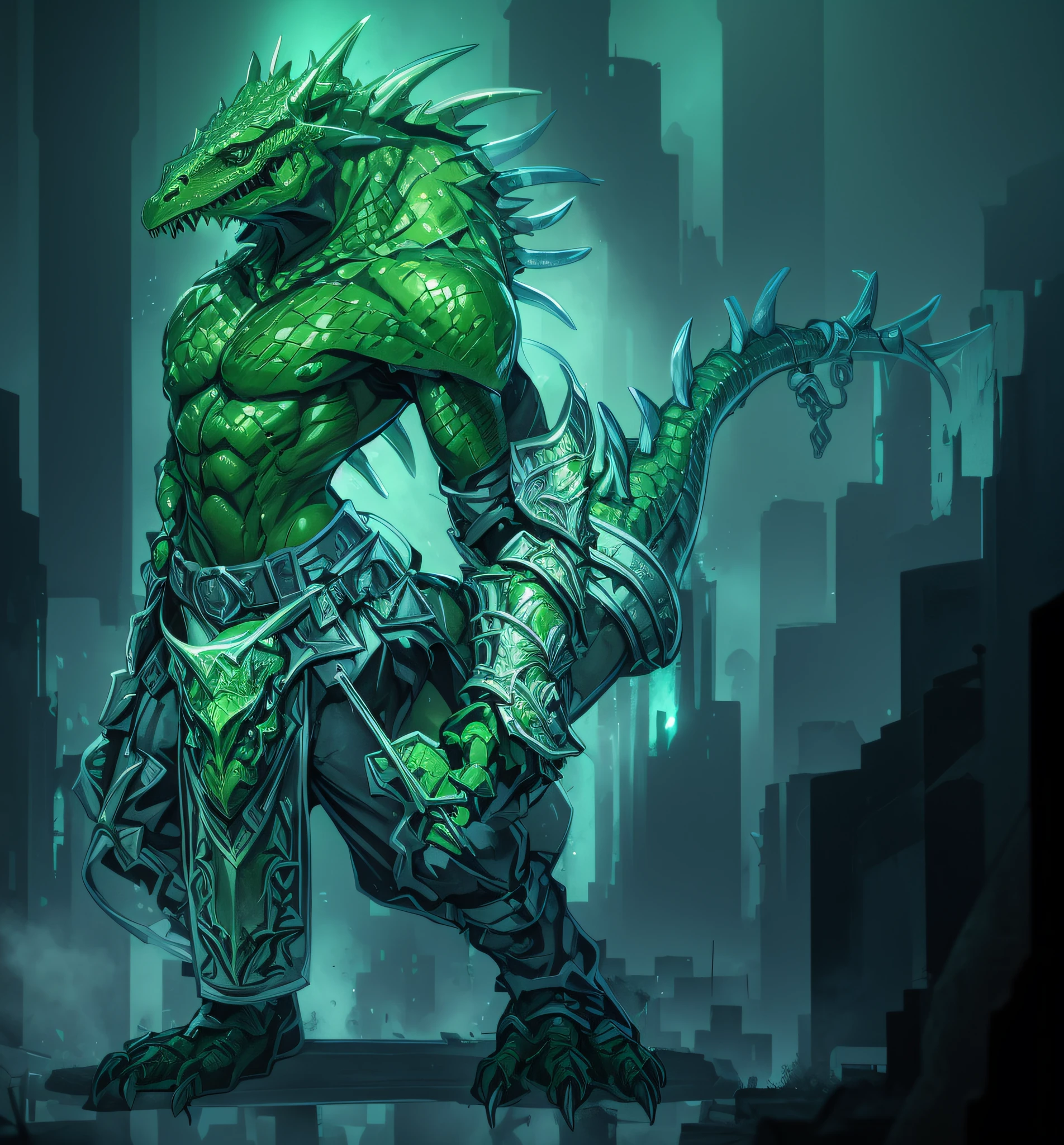 green lizardfork, fighter, wielding a greatsword. lizardfork, green dinosaur, full plate armor, blue crystal on chest, dnd