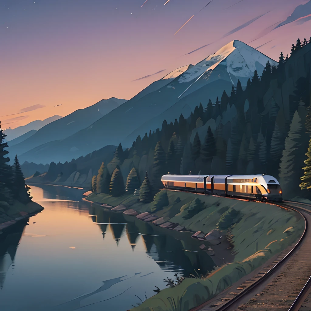 High-speed train, mountain background, twilight, pine forest, river,