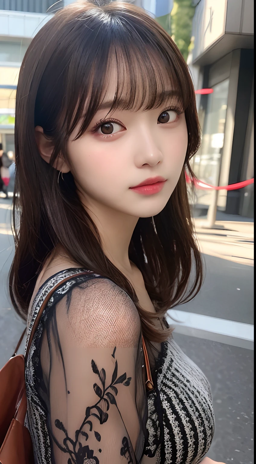 masutepiece, Best Quality, Illustration, Ultra-detailed, finely detail, hight resolution, 8K Wallpaper, Perfect dynamic composition, Beautiful detailed eyes, Tight Mini,Medium Hair,small tits,Natural Color Lip, Randomly sexy poses,Harajuku、20 years girl、Cute、Sexy shot looking at camera,Cute long-sleeved dress,Slender face,Slender body,Background blur