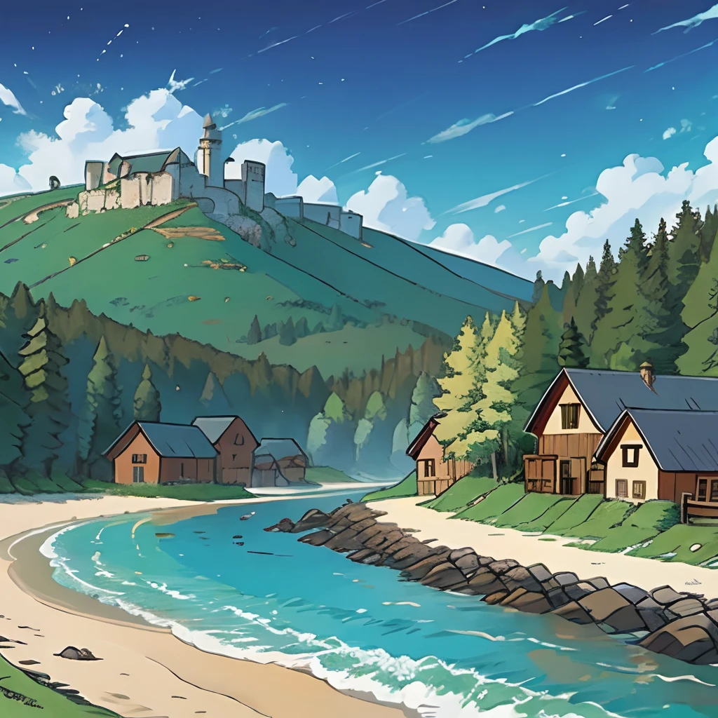 Big coastal medieval village, taiga forest,