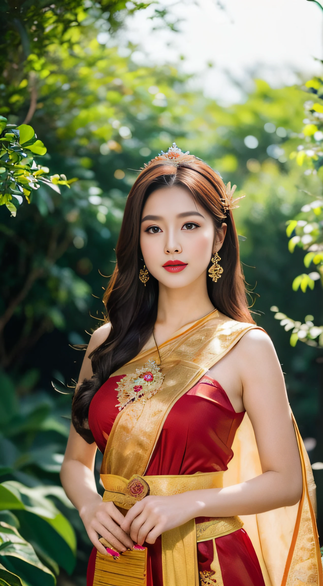 Detailed faces, Clear face, Beautiful Girl, Asian makeup, Red lips, Brown hair, Crown, medium body, big breasts, Thai fairy costume, Antique, mid-sexy dress, Red costume, HD, fuul body, Evening light, flower garden background.