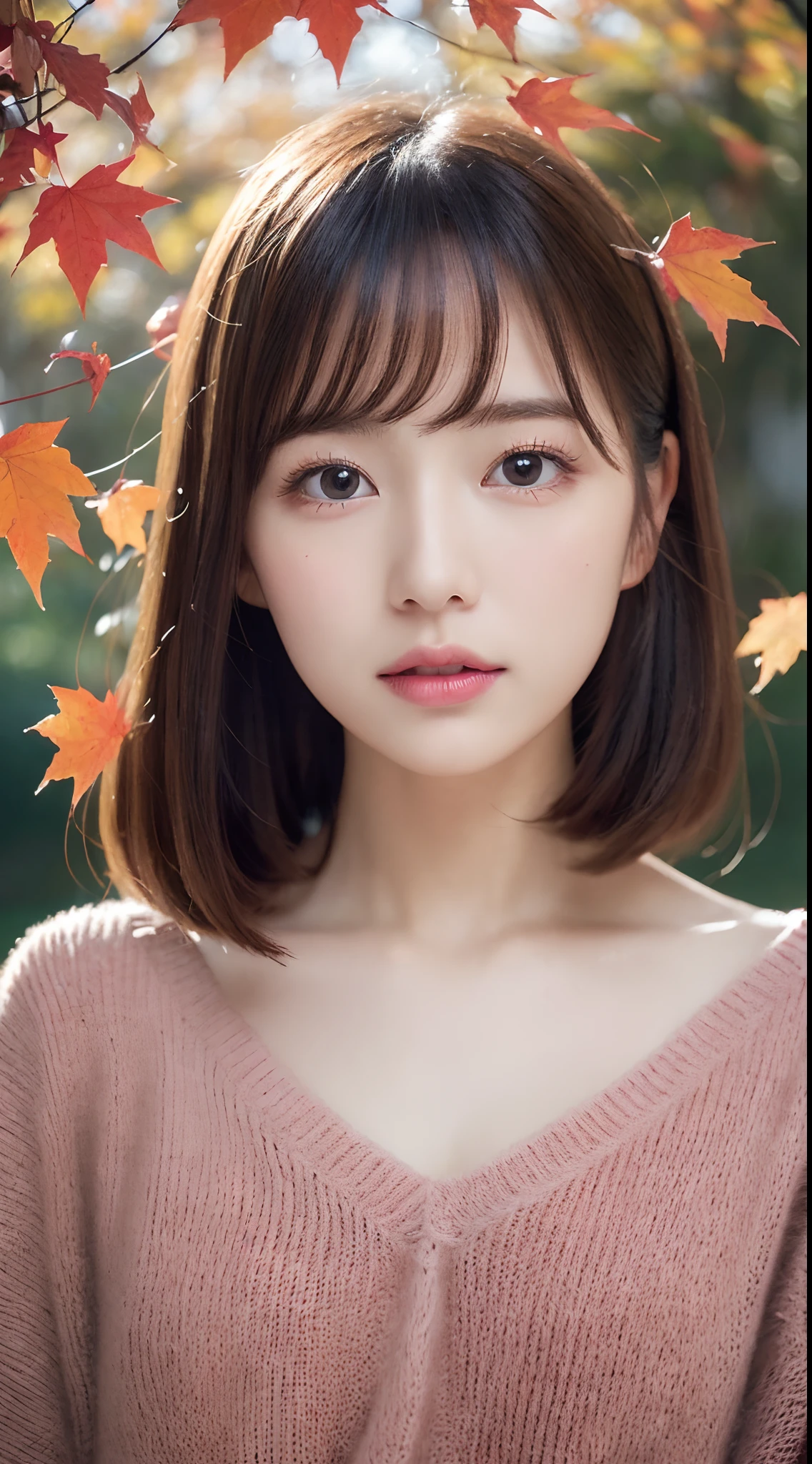 ((in 8K, Raw photography, Highest Quality,realisitic, Photorealsitic:1.3)),((,Extremely delicate and beautiful,Highly detailed, finely detail,ultra-detailliert, High resolution:1.3))、japanes, femele, (17 age), Viewer's Perspective, Beautiful and shiny straight bob hair, see-through bangs, Embarrassed look, ((Half-open lips))、Draw poses and angles randomly, (Beautiful fece:1.2), (kawaii:1.3) Autumn leaves in the background　optic　(Three-dimensional feeling) Autumn foliage Autumn light. Oversized knit sweater in red wine color　beautiful decollete　((kawaii:1.3)) Autumn afternoon light　((Carefully reproducing and depicting detailed and high-quality eyes)) waist shot