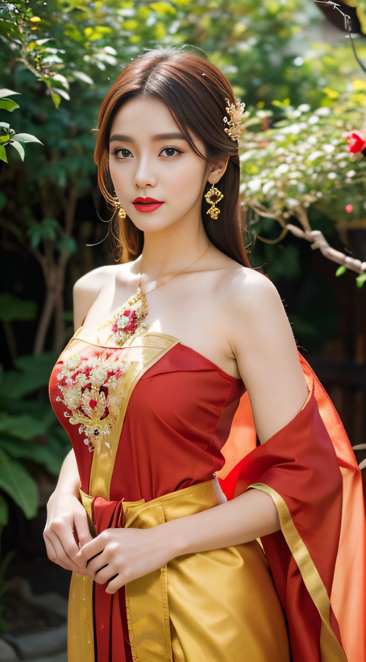 Detailed faces, Clear face, Beautiful Girl, Asian makeup, Red lips, Brown hair, Crown, medium body, big breasts, Thai fairy costume, Antique, mid-sexy dress, Red costume, HD, fuul body, Evening light, flower garden background.