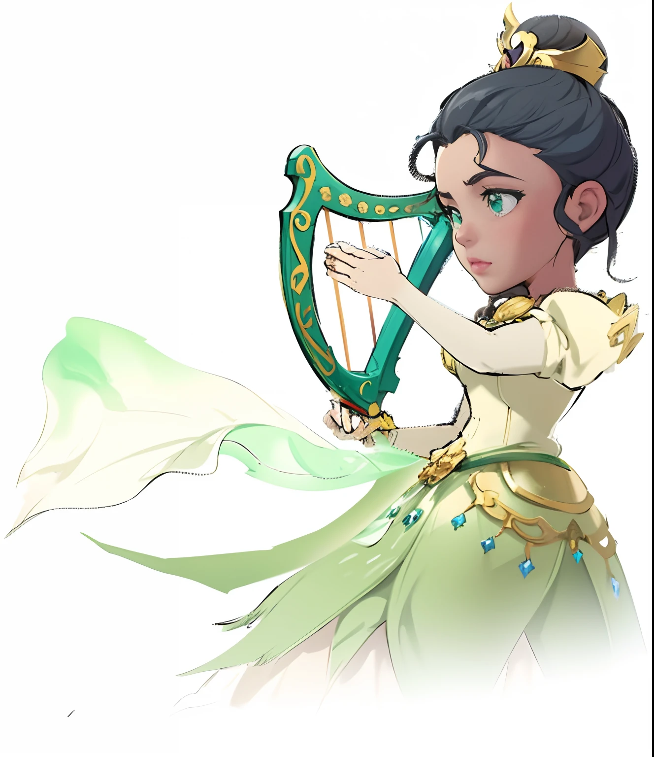 Close up of cartoon character holding harp, lady palutena, palutena smash, palutena, inspired by Luigi Kasimir, Zelda, maya fey from ace attorney, from bravely default ii, inspired by Hans Beat Wieland, royal elegant pose, rococo queen, kda, Elsa, render of mirabel madrigal, (fantasy violin)