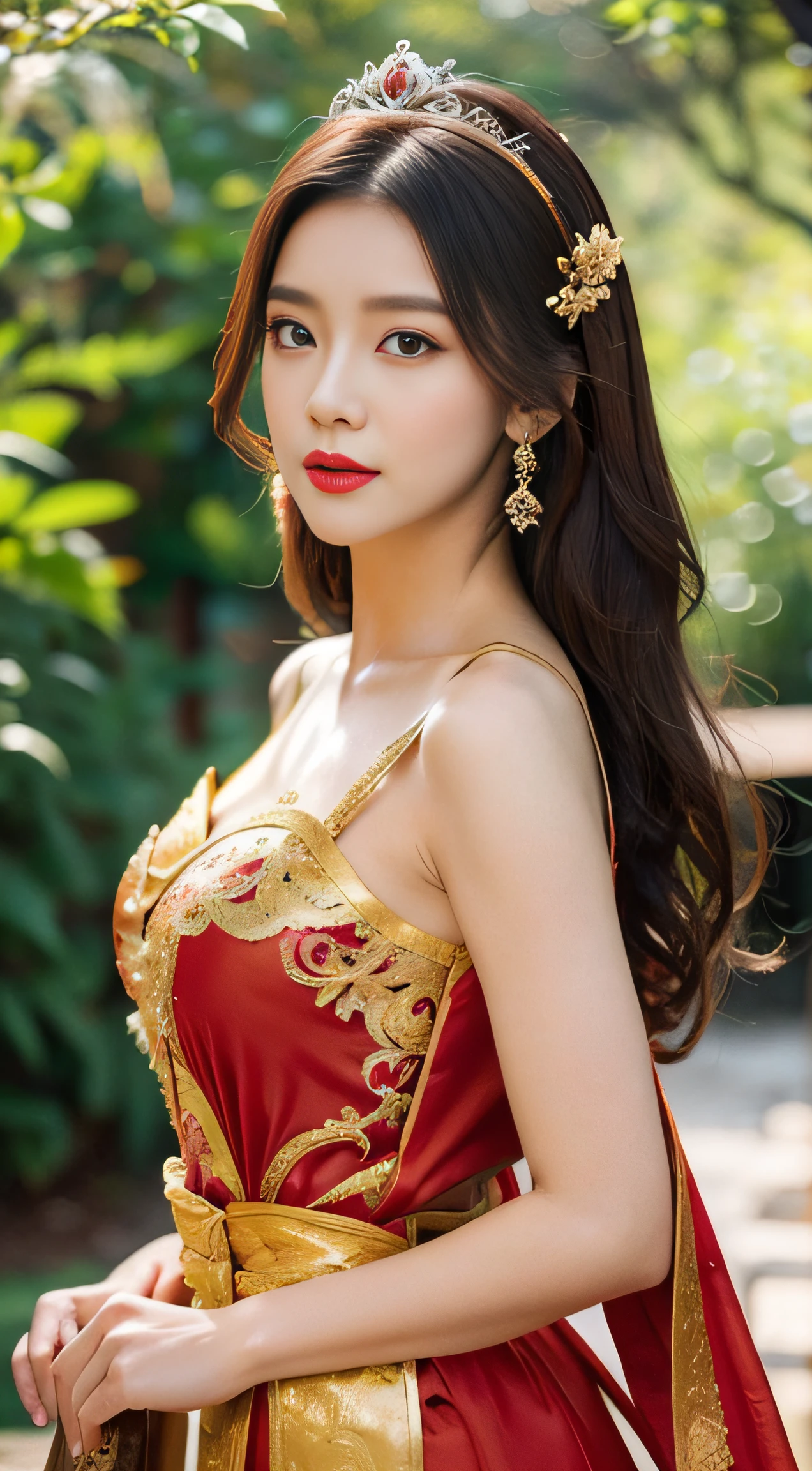 Detailed faces, Clear face, Beautiful Girl, Asian makeup, Red lips, Brown hair, Crown, medium body, big breasts, Thai fairy costume, Antique, mid-sexy dress, Red costume, HD, fuul body, Evening light, flower garden background.