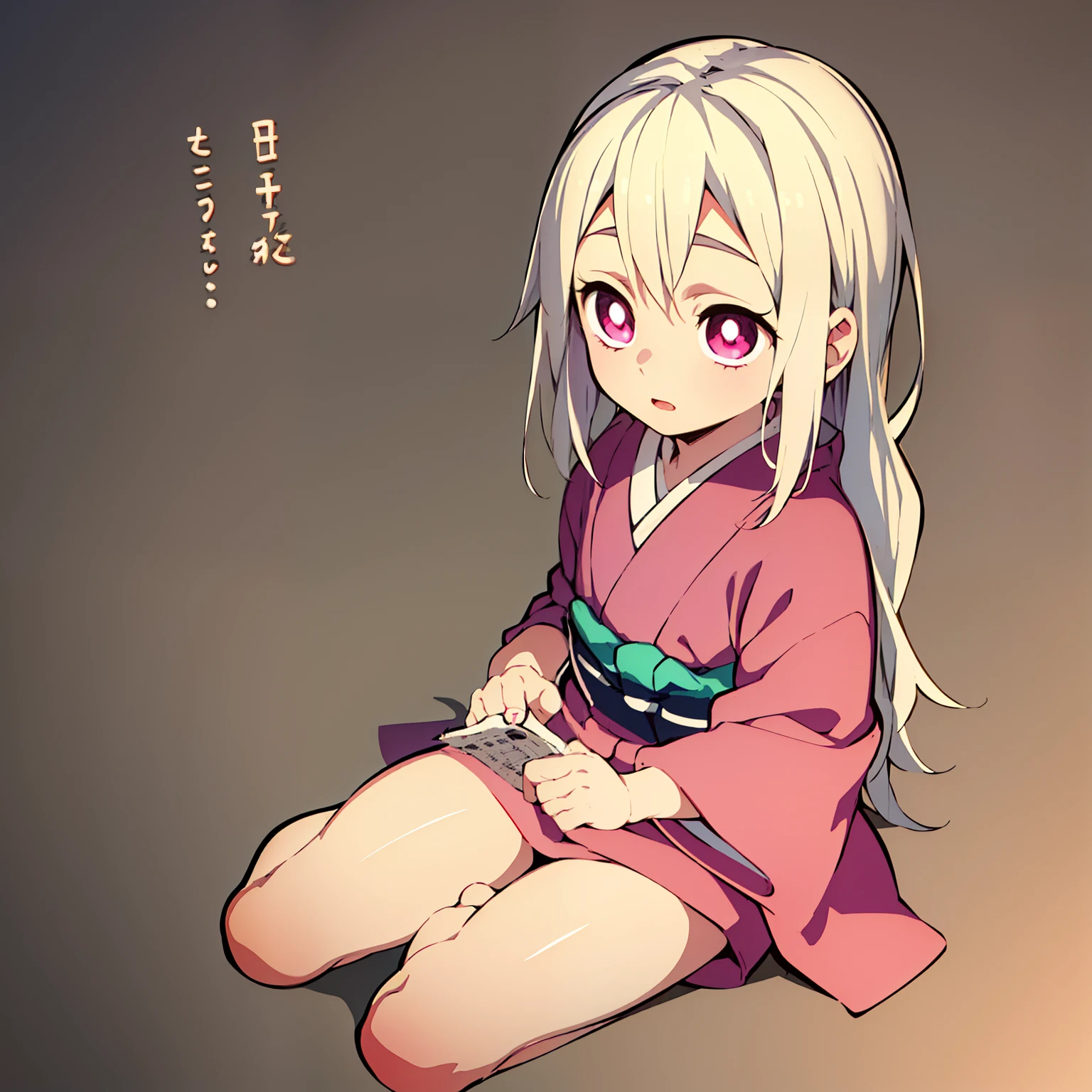 masterpiece, best quality, 1girl, solo, kimono, cross-shaped pupils, text background (CELLIA), plain, text, long white hair, , a warm, lazy,