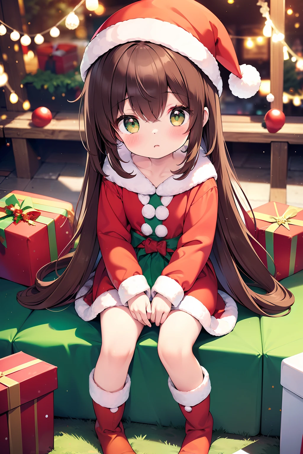 The upper part of the body、Christmas、(Christmas、1girl in、cute little、)Santa's Hat、Santa's Clothes、onepiece、Long、long boots、Brown long boots、present、Dark brown long hair、Green eyes(Masterpiece、8K)