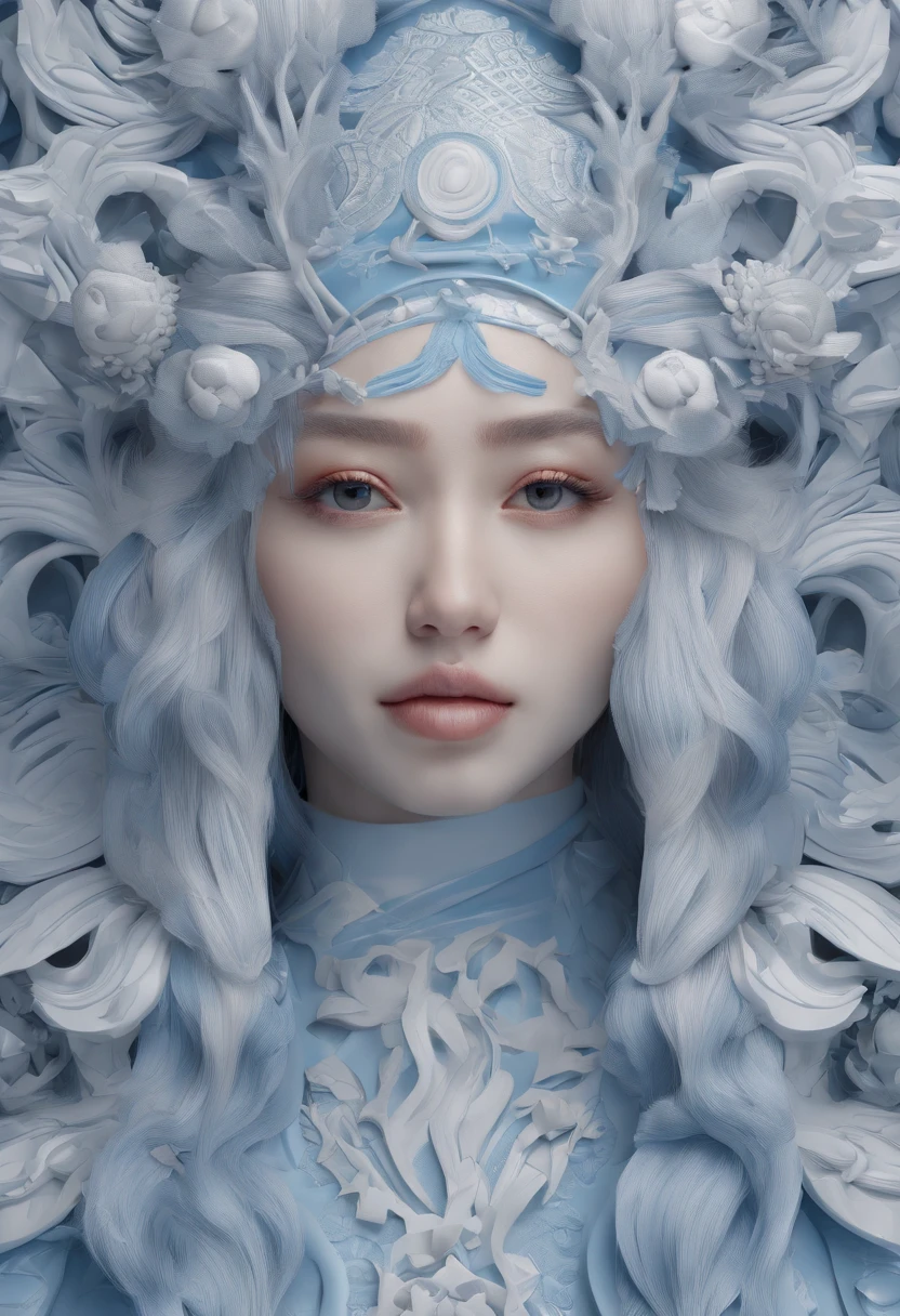 Blue and white porcelain,Ceramic material，femele，Embossed petals，artwork of a，Long hair, Ancient Chinese style，long eyelasher, solid circle eyes, Fake animal ears, Light smile, Ear blush, Fang, Striped hair, beret, beret, surrealism, shadowing, anaglyph, stereograms, tachi-e, angle of view, Atmospheric perspective, 8K, Super detail, ccurate, Best quality