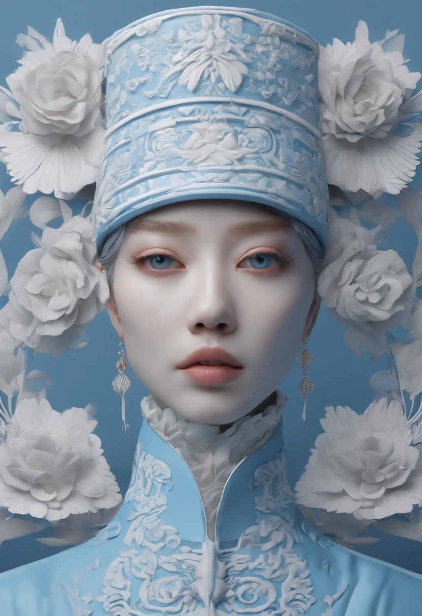 Blue and white porcelain,Ceramic material，femele，Embossed petals，artwork of a，Long hair, Ancient Chinese style，long eyelasher, solid circle eyes, Fake animal ears, Light smile, Ear blush, Fang, Striped hair, beret, beret, surrealism, shadowing, anaglyph, stereograms, tachi-e, angle of view, Atmospheric perspective, 8K, Super detail, ccurate, Best quality