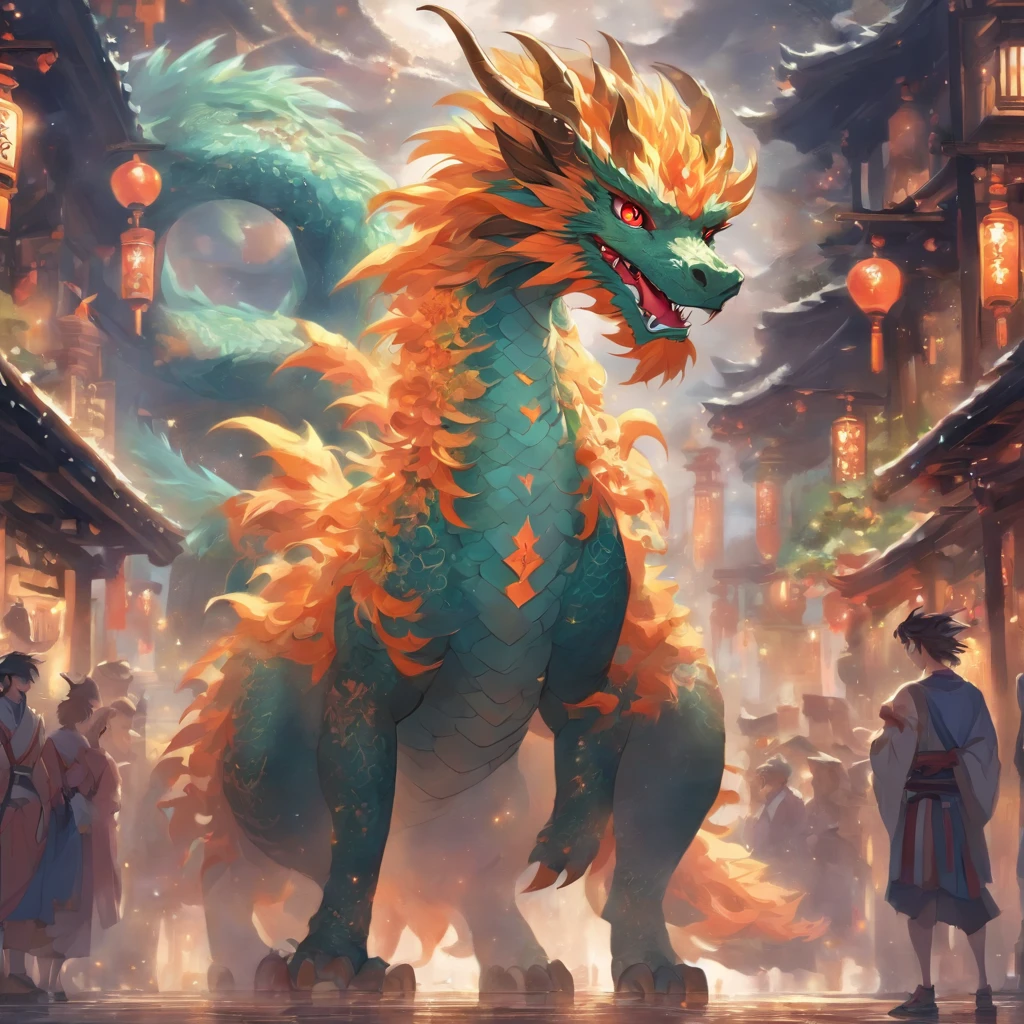 Zodiac Dragon: Hairy Dragon, ,Big eyes, Wear festive attire, Standing on the side of the street, Ancient style, Artistic touch，Snes painting