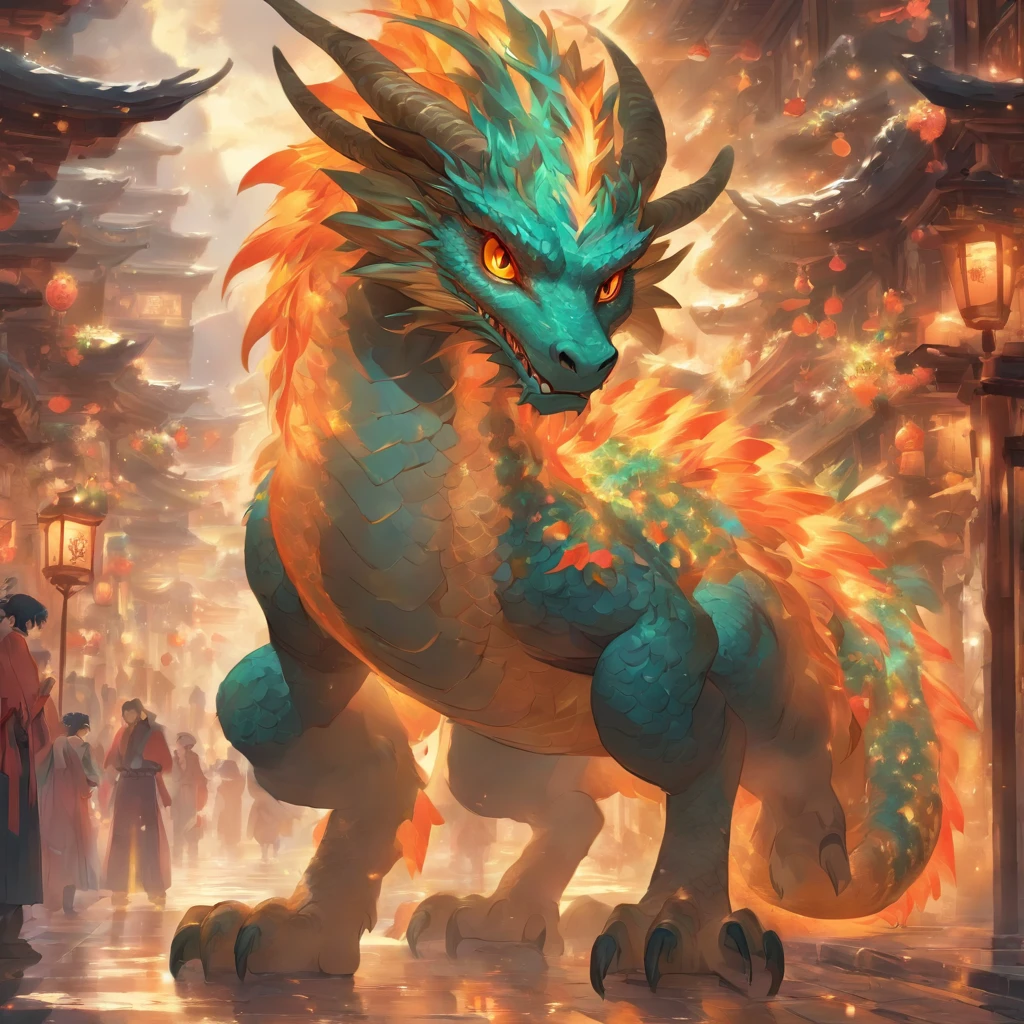 Zodiac Dragon Hairy dragon, ,Big eyes, Wear festive attire, Standing on the side of the street, Ancient style, Artistic touch，Snes painting