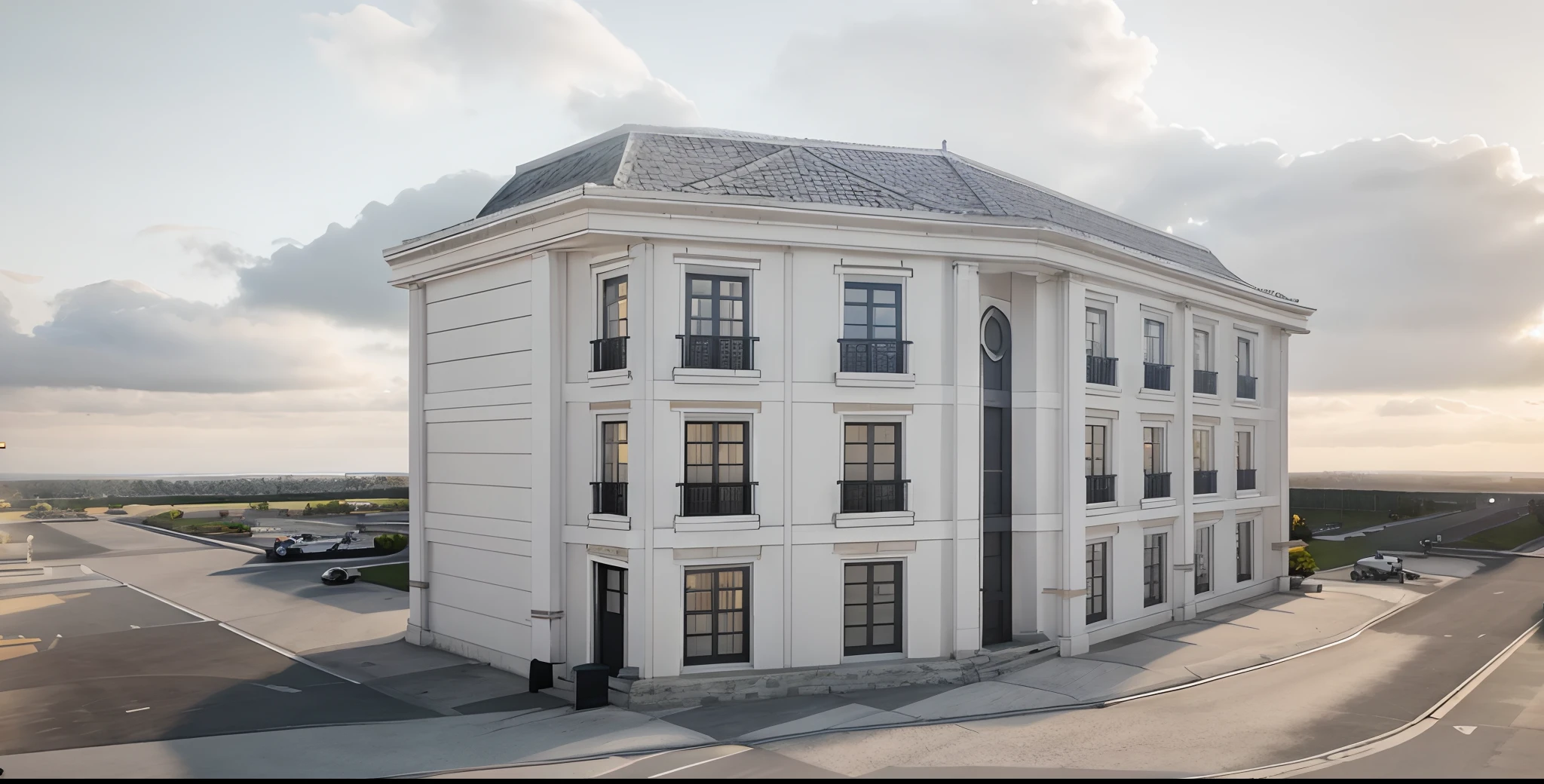 a rendering of a large white building with a black roof, neo - classical style, neoclassical style, architectural render, architectural 3 d render, architectural rendering, building facing, neoclassical police station, neoclassical architecture, lumion render, architecture render, neo classical architecture, front elevation view, all white render, architectural concept, exterior design, neotraditional modern,blue sky,yellow sunshine,white clouds,foont garden