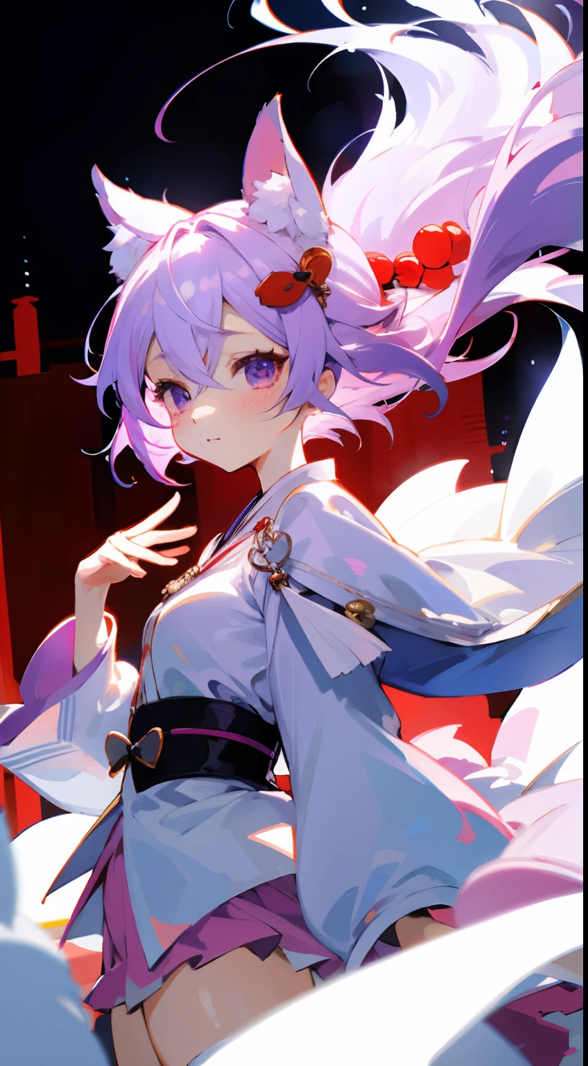 (Best quality:1.4), A high resolution, Masterpiece,, 1girll,, Light purple hair, Purple eyes, (kemomimi), ,, hair adornments, (Red|White Japan Shinko garment),