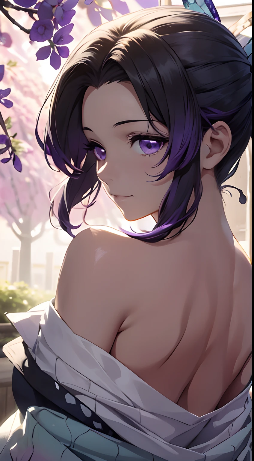 Ultra-realistic 8K CG，tmasterpiece，（（Ultra detailed backgrounds，delicate patterns，intricate-detail）），best qualtiy，very vey very detailed face，extremely detailed eye and face，Very detailed eyes，kochou shinobu，O cabelo multicolorido，No bangs，Hair intake，Purple Eye，haori，butterflys，Strip strip，（Torpical Garden：1.2），purple flower，Mostly cloudy sky，rays of sunshine，Tindall Effect，gradient_skyporn，faces，Beautiful sky，Saber on the waist，enchanting posture，（Large breasts:1.3)，（cleavage:1.3)，（Off-the-shoulder clothing:1.6)