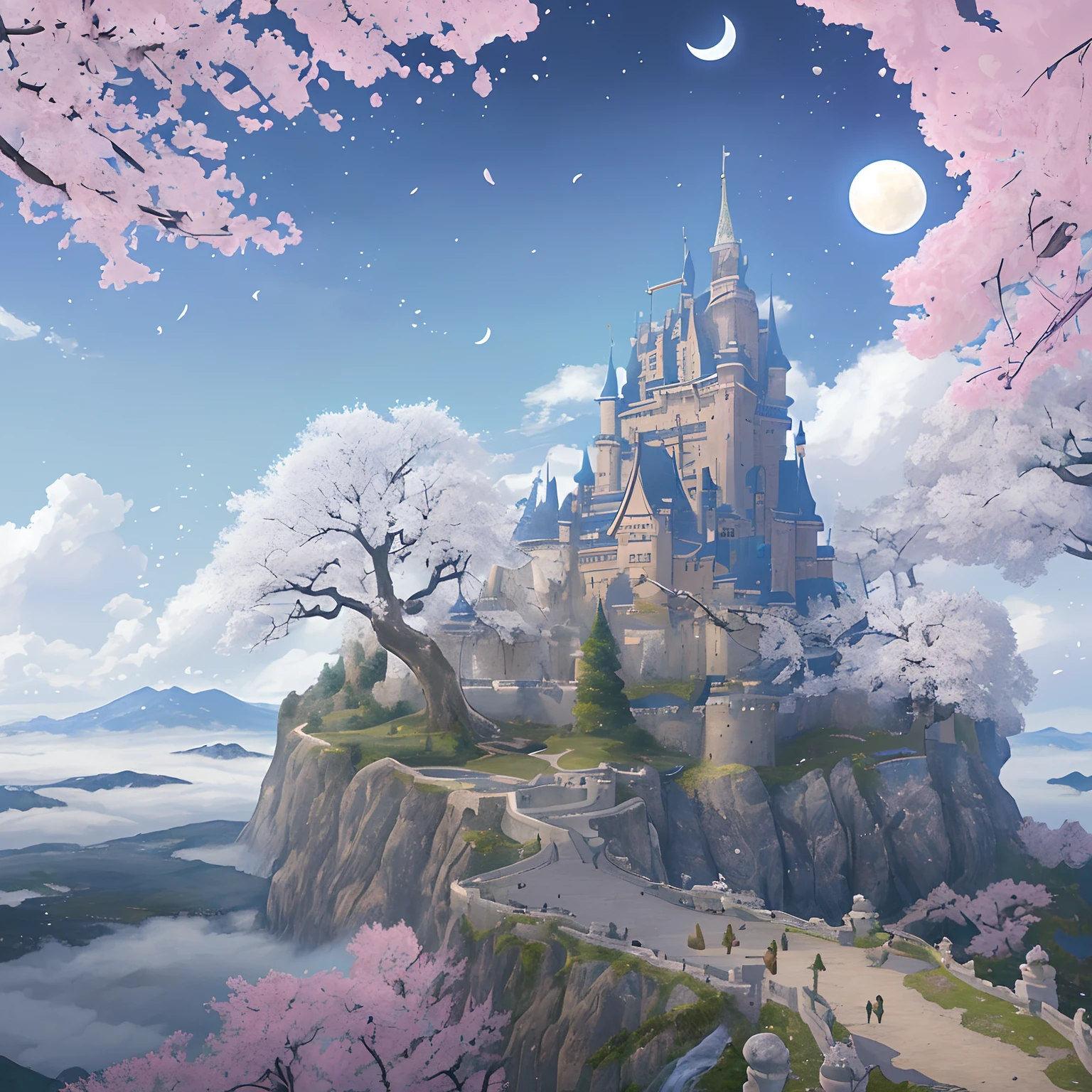 masterpiece、hightquality、Realistic、landscape shot、life-like、A detailed、Like the photo、Castle shining in the sky、Castle of the God of the Sky、Castle in the Sky、Flying Castle、Castle of Glory、Castle above the clouds、The cherry tree々A lush castle surrounded by、Sakura blizzard、Falling waterfall、a moon